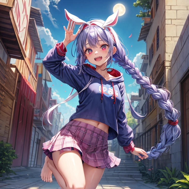 Blue-light purple hair、Red eyes、Braid、bandana、One cute girl、solo、And soul、Light clothing、Checked mini skirt、petal、Wet hair、black t-shirts、Rabbit Hoodie、large tree、cloud、Red full moon、desert、barefoot、Stones are piled up、Teeth are visible、Secret Treasure、Fortress City、Tilting face、Pedalling a bicycle
