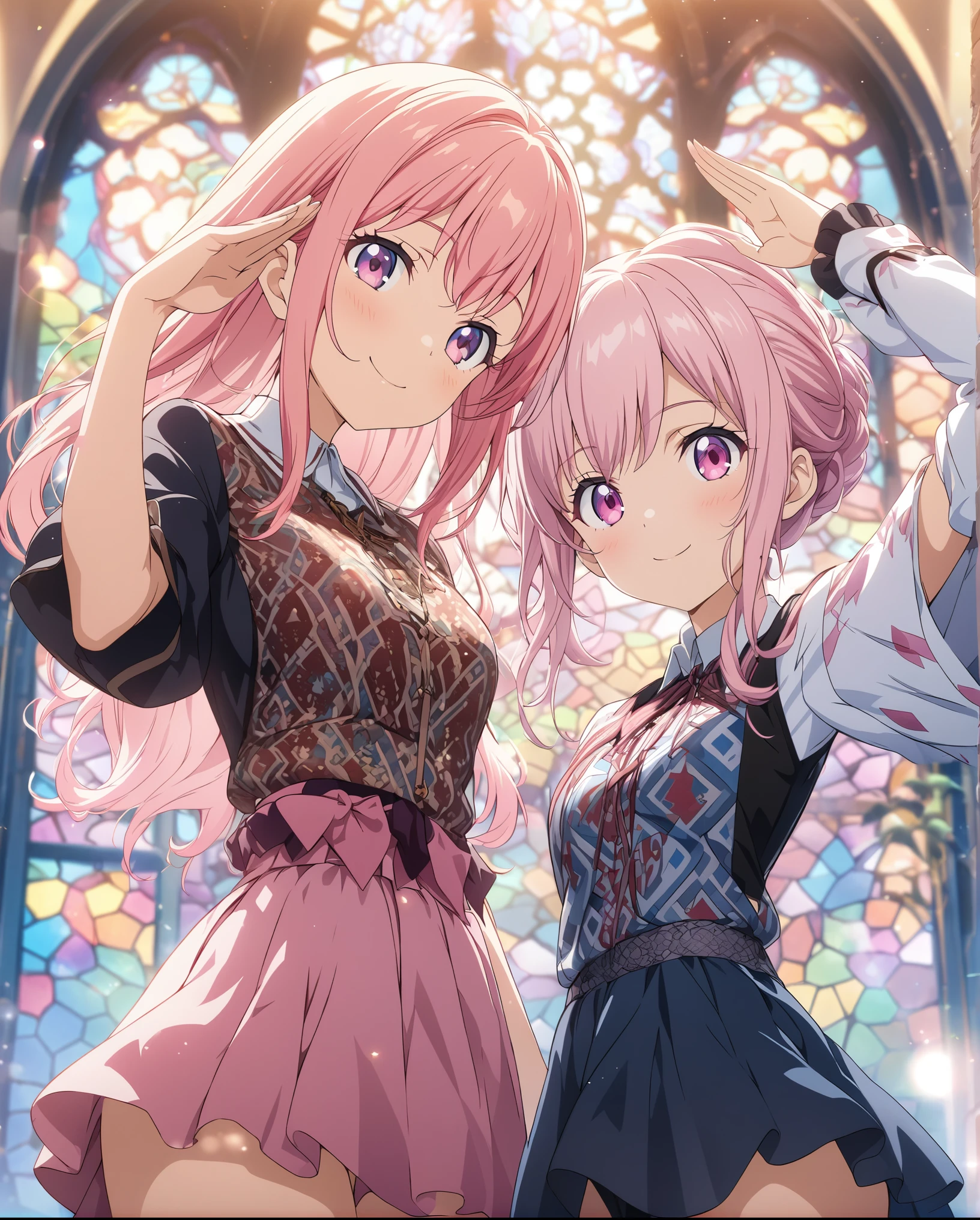 Twin girls, masterpiece, Highest quality, Highly detailed CG Unity 8K wallpapers, High School Girl Anime Illustration, Costumes with Japanese patterns、salute、she has her eyes closed and mouth open, smile. Stained glass background, Pink Hair Color, Pink Eyes, Pink eyelashes, Cowboy Shot, morning, Bokeh, (Soft Focus):1.2, Out of focus highlights, Dreamy atmosphere, Fascinating Depth, Fantasy