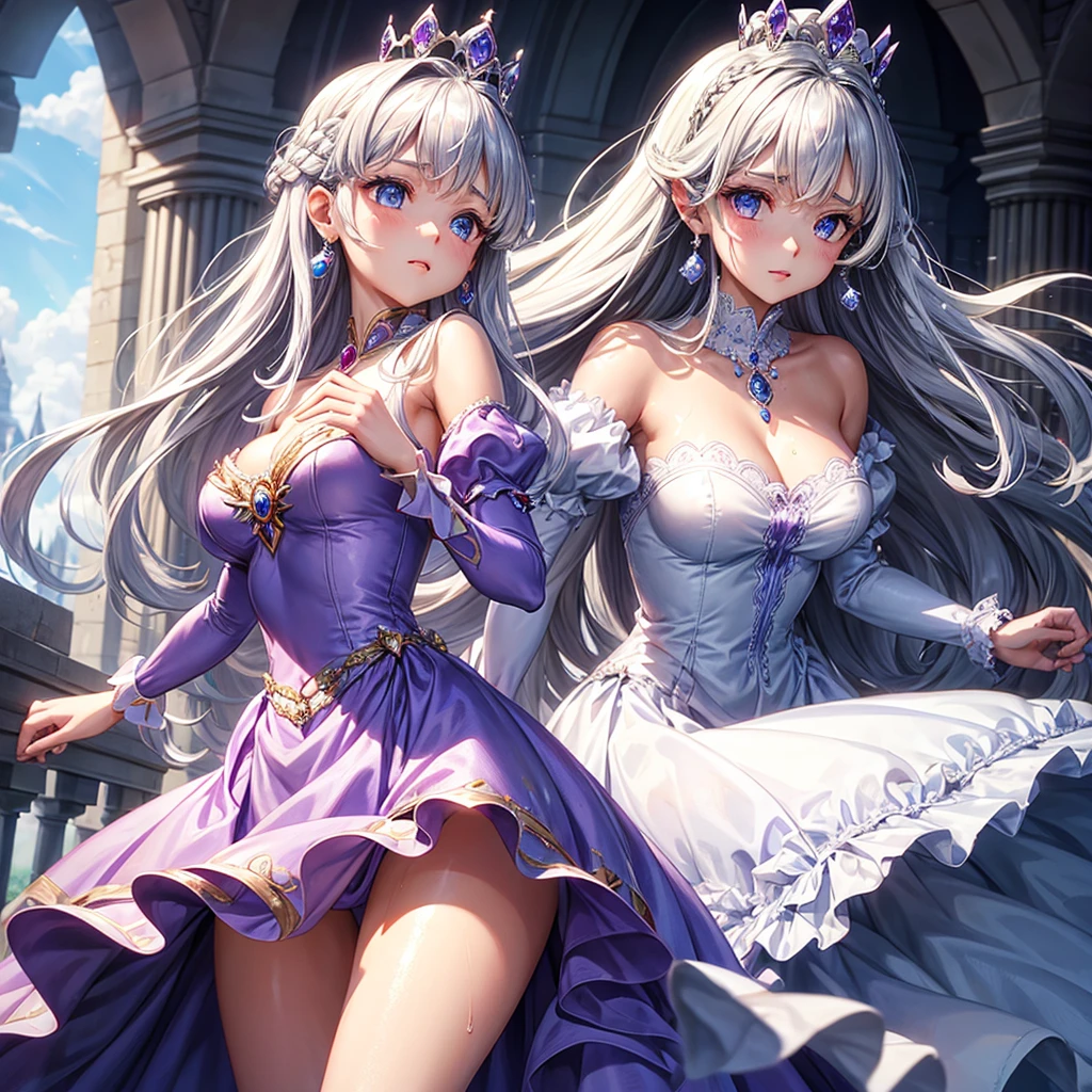 Princess, princess dress, purple dress, puffy sleeves, breasts, tan skin, crown, long hair, silver hair, blue eyes, teasing, diamonds, jewelry, earings, water, wet, 1girl, solo, mastrpiece