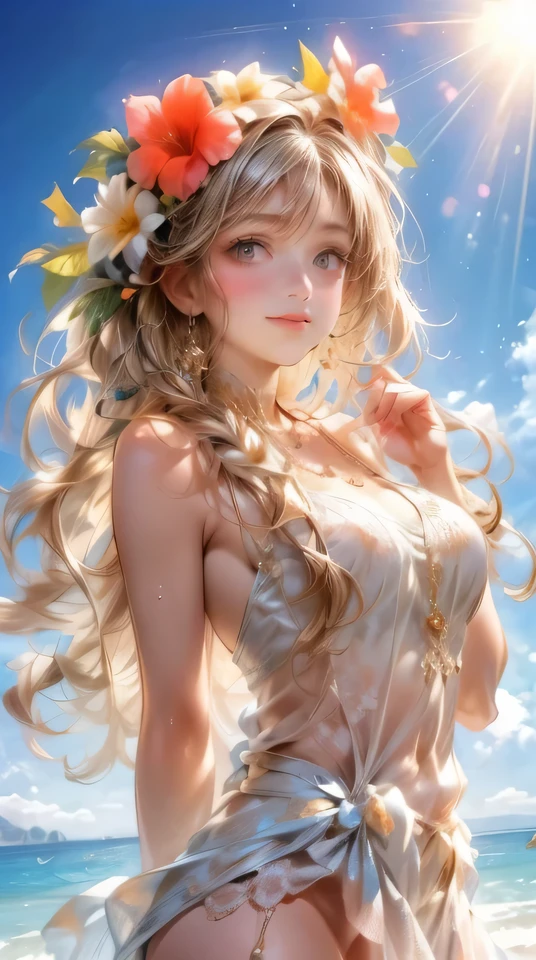 image that features a cute young girl in a bikini and a flower in her hair, Crochet Sweater Cover Up, A scene where you hold your hands up and look up at the sky, 1girl, bikini , middle-breasts, flower, Crochet Sweater Cover Up, hair flower, hair ornament, solo, smile, long hair, jewelry, bandaid, hibiscus, cleavage, bandages, bracelet, vibrant colors, navel, frills, mole, beachball, looking at viewer, grin, necklace, from below:1.4, sun, lens flare, highest quality, highres, masterpiece:1.2, 16K, Super detailed, surreal, dramatic lighting, chiaroscuro, smooth skin with marble texture, elegant and gentle look, ancient castle architecture fantasy background, hair ribbon, head tilt, little smile, blushed cheek, through bangs:1.2, bright eyes, shining pupils, (beautiful detailed eyes, beautiful detailed full lips, extremely detailed eyes and face, long eyelash, thighs), hyper realistic, photorealistic:1.37, vibrant colors, warm tone