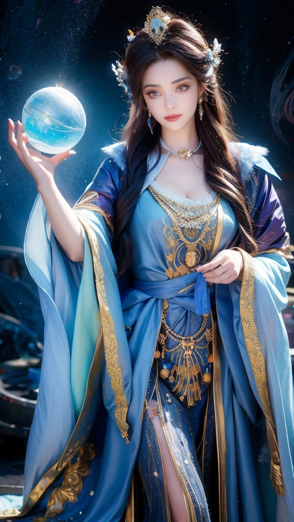 ((facing front:1.5)),Female fortune teller. Attractive, beautiful and mysterious. She wears a blue cloak and has distinct features. The atmosphere is bright and sparkling, full of anxiety and anticipation. A fortune teller is standing there. The body is facing forward. he is looking at you He holds a crystal ball in his right hand. The lighting in the room is bright, creating a magical atmosphere. Best picture quality, 4k or 8k resolution. The level of detail is very detailed and realistic, close to photorealism. Artistic style should reflect an official aesthetic with bright colors and strong contrasts. The color palette should emphasize the mystical and mystical theme of the work. The fortune teller's cloak is decorated with metal edging with a thickness ratio of 1.5 and intricate designs. The overall atmosphere is magical, like a starry sky. The expression on the fortune teller's face should arouse mystical interest.