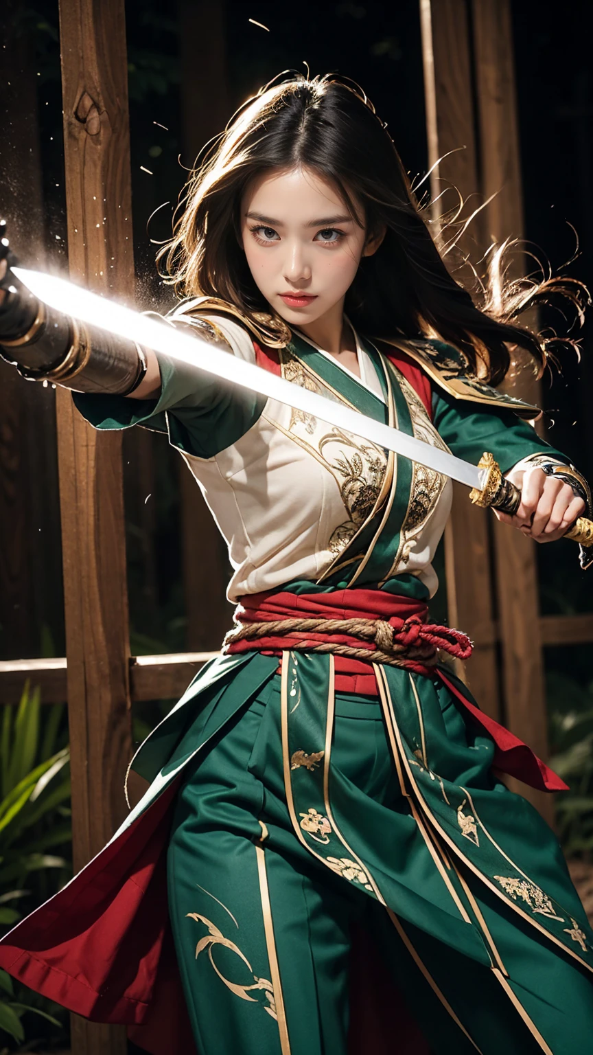 Illustrate Riven in her 'Valiant Sword' skin. She’s dressed in a noble, no having clothes,massive k-cups,samurai-inspired armor with intricate patterns and flowing fabric. Riven is mid-action, executing her 'Runic Blade' ability, with her sword glowing with runic symbols and energy pulsing through the blade as she swings it with precision.