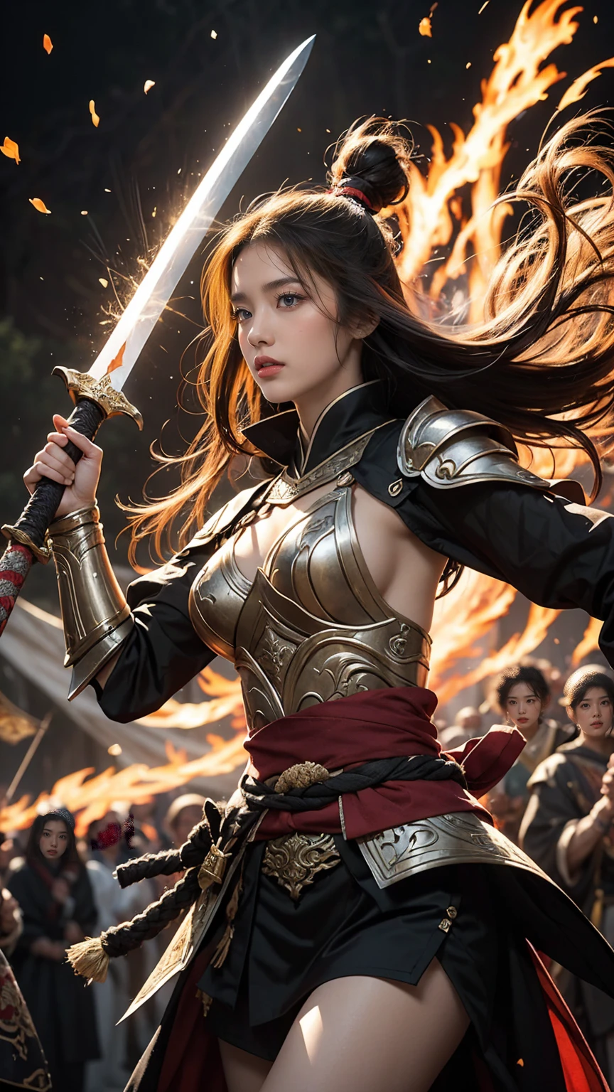 Illustrate Riven in her 'Valiant Sword' skin. She’s dressed in a noble, no having clothes,massive k-cups,samurai-inspired armor with intricate patterns and flowing fabric. Riven is mid-action, executing her 'Runic Blade' ability, with her sword glowing with runic symbols and energy pulsing through the blade as she swings it with precision.