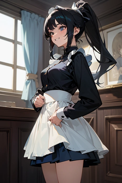 (Highest Resolution, clear_image) Highest quality, single, One Woman, alone, masterpiece, Very detailed, Semi-realistic, Black Hairのショートヘア, Black Hair, bangs, 18-year-old, mature, light blue uniform, uniform, Indoor Background, kind, Authoritative, Powerful, exquisite features, exquisite features、Eyelashes become longer、Showing teeth、smile😀、Maid clothes、ponytail、((mini skirt)).