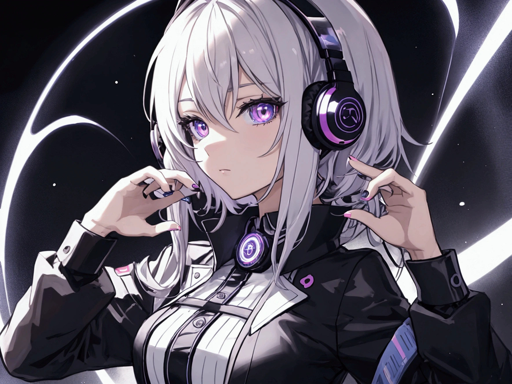 an anime girl eletric, with headphones, listenning music, bad girl in a secret organization outfit
