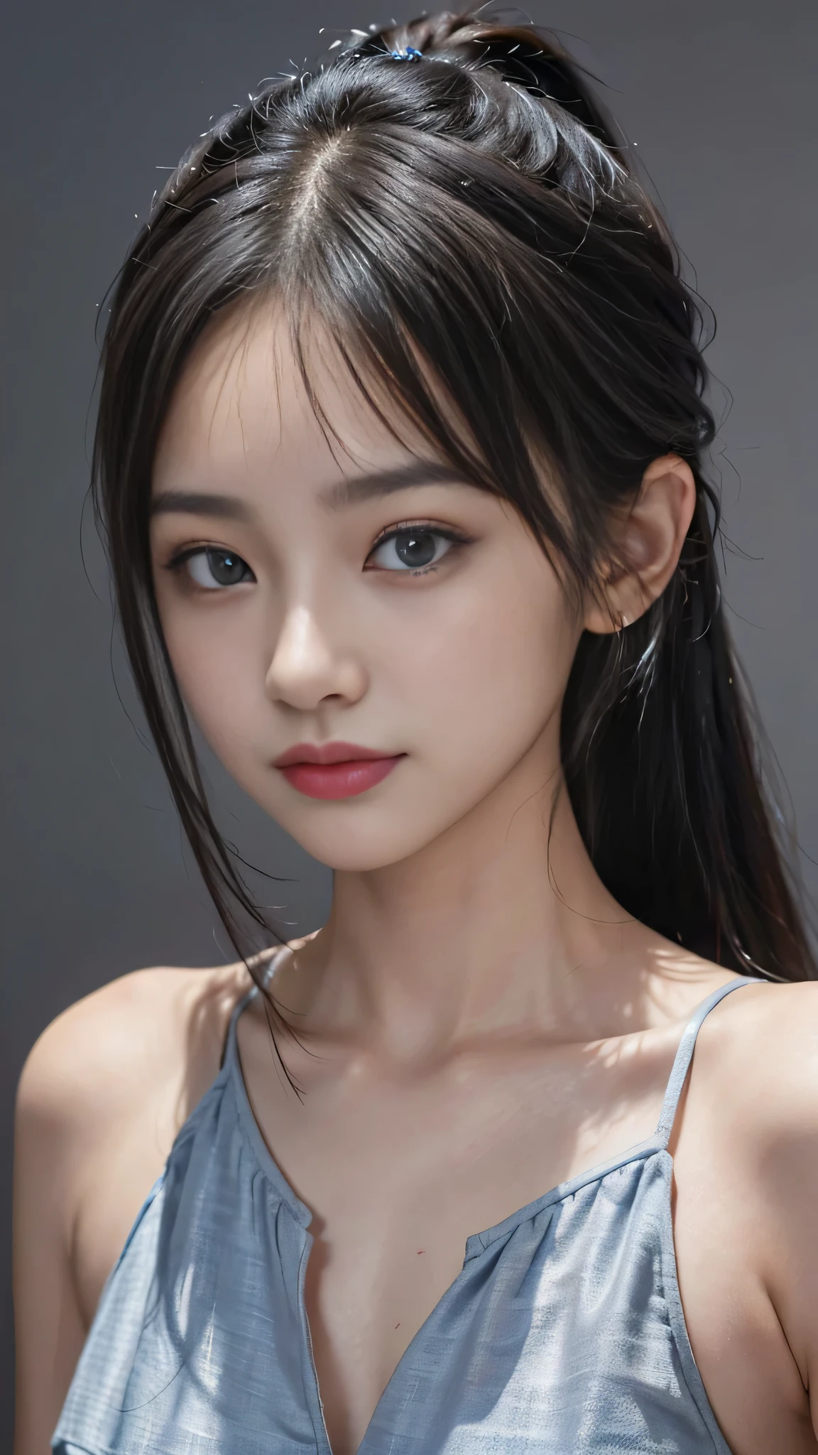 Bust Shot,Commercials for luxury cosmetics style,Commercial filming studio,The background is all gray,The Skyblue dress features a sleeveless, fitted bodice with a decorative ribbon,The background is all gray,The highest image quality, High quality, the background is clear,Beautiful woman, Japanese,Ultra-detailed, finely detail, hight resolution, 8k Wallpaper, Perfect dynamic composition, Beautiful detailed eyes , Detailed, Detailed eyes, Detailed skin, Beautiful skin, 超hight resolution, (reality: 1.4),Very beautiful woman, Slightly younger face, Beautiful skin, Slender, (Ultra photo realsisim), (hight resolution), (8k), (Very detailed) (beautifully detailed eyes), (super detailed), (Detailed face), view the viewer, Fine details, Detailed face, Staring straight ahead, Staring straight ahead, photos realistic, Bright lighting, Professional Lighting, Black hair,poneyTail,a baby face,sixteen years old,Hairstyle: ponytail,Long ponytail hairstyle,slight smile,Beautiful Japanese KPOP idol photo, hair style is ponytail, my eyes are double and wide, baby face, smile and look straight ahead, Slender, small breasts,