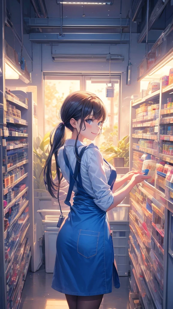 young woman,smile,Supermarket clerk,Wearing an apron,((Working as a cashier)),cashier,register,There are products on the shelves,In the supermarket