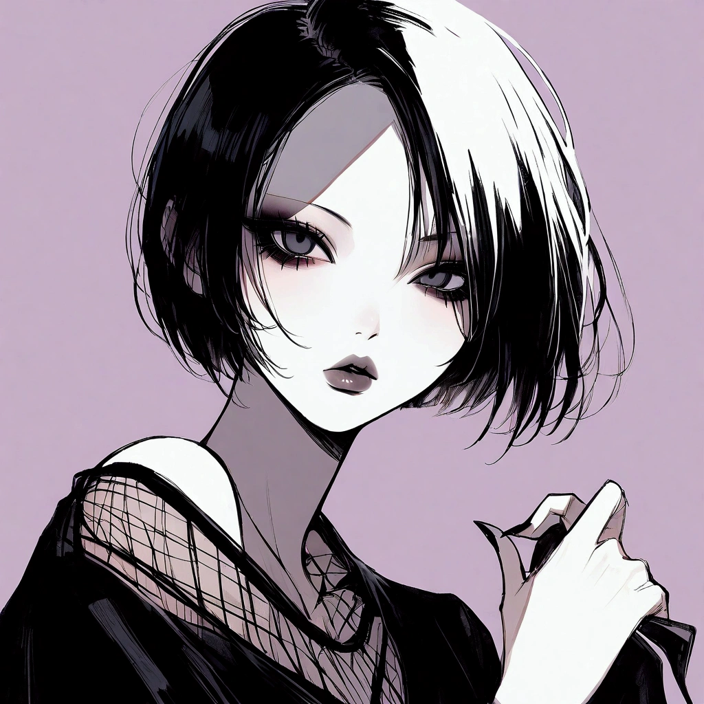 Gothic girl, face focus, slim, delicate, pale skin, lipgloss, boyish haircut, fishnet, smokey eye, beautiful, blunt, very short hair, pale lips, no eyebrows