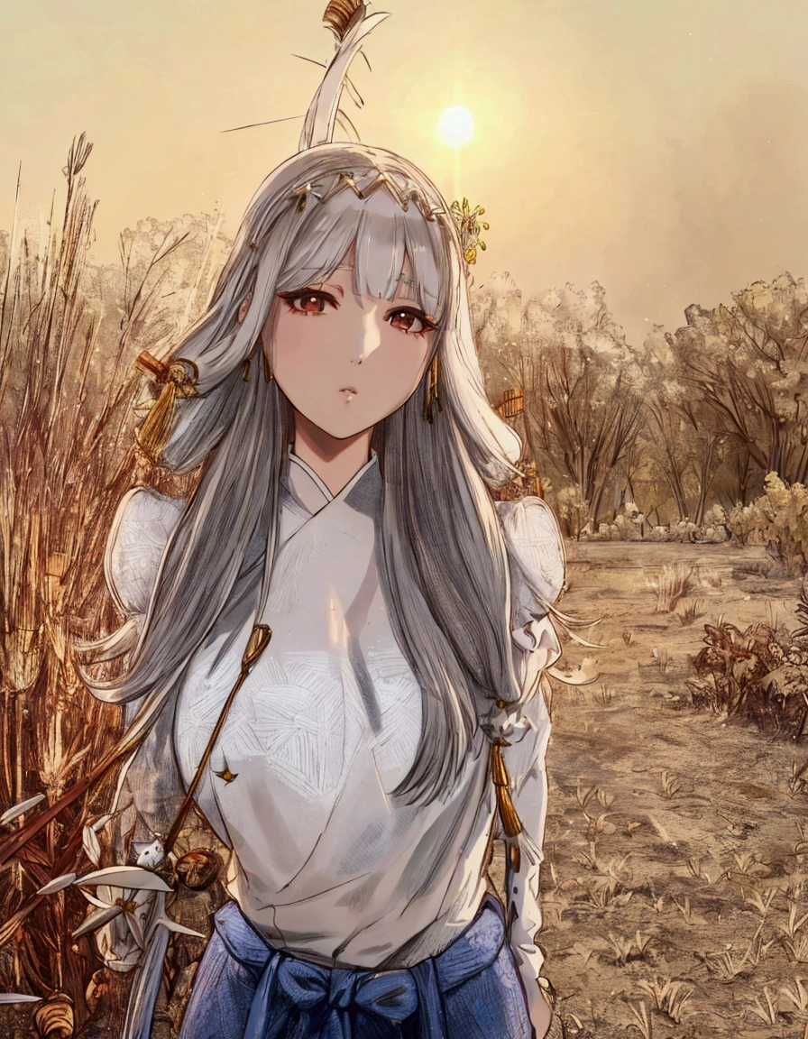 araffe girl with long hair posing in a field at sunset, long white hair and bangs, lalisa manobal, with white long hair, ulzzang, with long white hair, white hime cut hairstyle, beautiful south korean woman, gorgeous young korean woman, long hair with bangs, korean girl, asian girl with long hair, long hair with full bangs