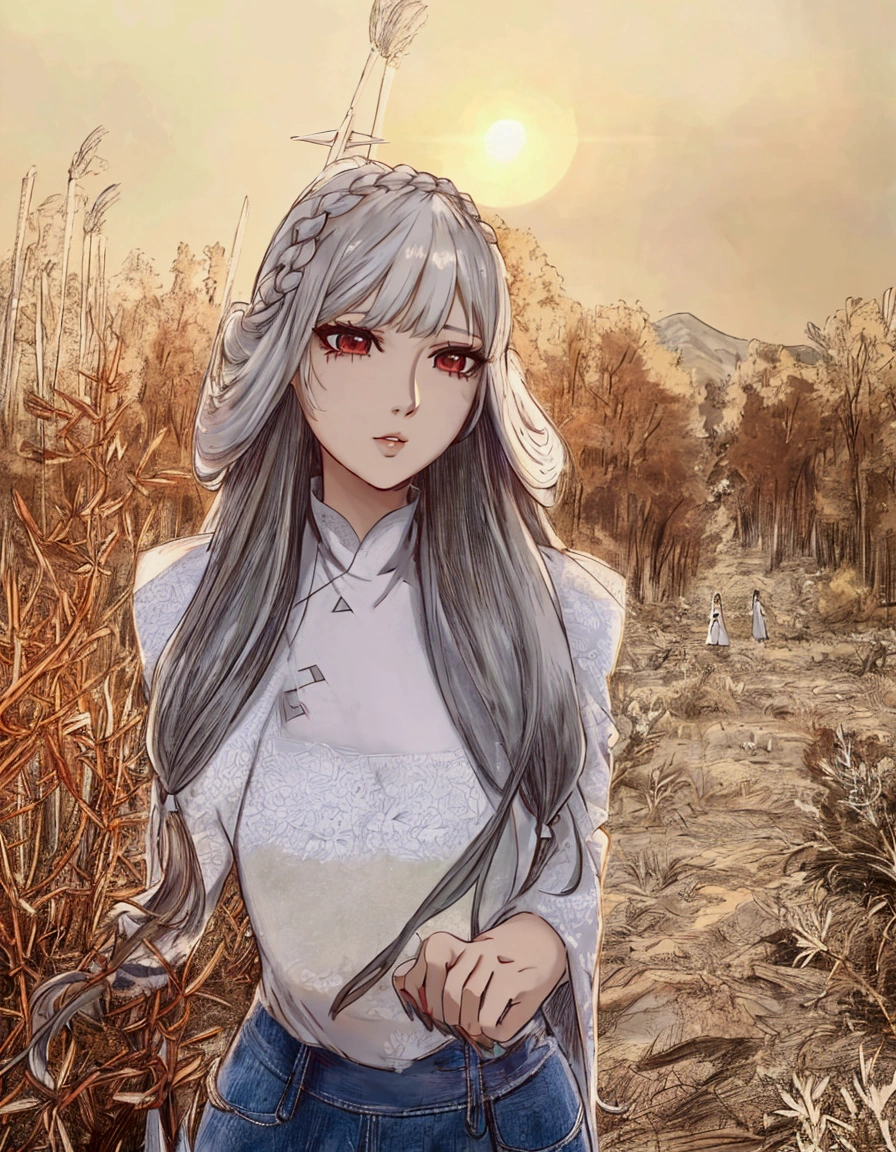 araffe girl with long hair posing in a field at sunset, long white hair and bangs, lalisa manobal, with white long hair, ulzzang, with long white hair, white hime cut hairstyle, beautiful south korean woman, gorgeous young korean woman, long hair with bangs, korean girl, asian girl with long hair, long hair with full bangs