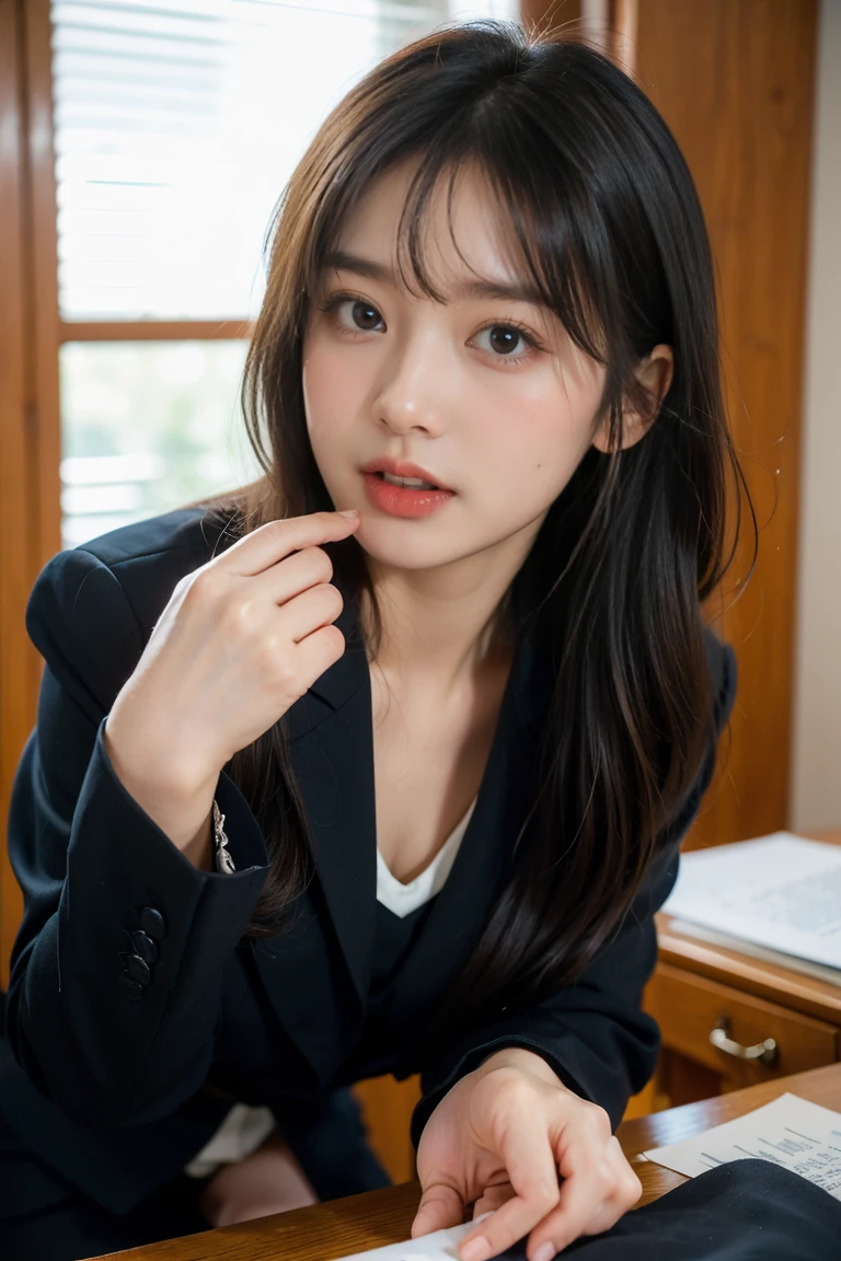 Urzan-6500-v1.1, (RAW Photos:1.2), (Realistic:1.4), Beautiful detailed girl, Very detailed eyes and face, Beautiful and detailed, Ridiculous, 信じられないほどRidiculous, Huge file sizes, Very detailed, High resolution, Very detailed, Highest quality, Tabletop, One Girl, , ((Very detailed)), ((Dynamic pose))), (Camel Toe), (Open your mouth)),((Droopy eyes)),((Round face)),((Curl the inside of your hair)), (avert your eyes:1.1),Face close-up、Upper Body、Black costume、With bangs、((thin))、the body is slim、((Looking down)、((Eyes Wide Open))、(Black office suit))、((Formal office suit))、skirt、shout、Sing a song、Open your mouth,