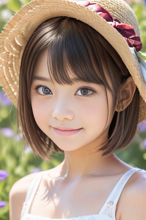 (8k),(masterpiece),(High resolution),(Realistic:1.4),Japanese,(14-year-old girl),Childish,((Innocent look)),Pure,from the front,smile,((cute)),((超cute)),Innocent,Kind eyes,((Double Eyes)),(Dark Eyes),Beautiful eye and skin details,(Realistic skin texture:1.3),(((High nose:1.3))),White camisole dress,((Sheer dress)),((See-through)),((The skin is clearly visible)),Décolletage,((Embarrassing:1.3)),((Shy:1.4)),(((Blushing))),Black Hair,(Child body type),((Slender)),summer,noon,bright,Salvia flower field,Straw hat,(flat chest:1.2)
