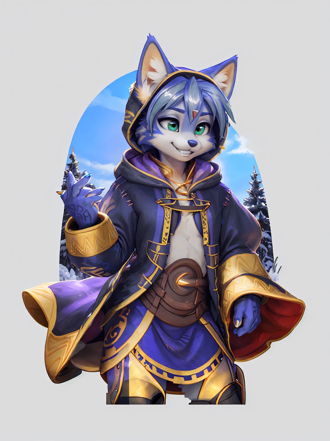 A beautiful and detailed (sweet picture) wa ((krystal)), Star Fox Krystal, sslim, lovable, green eyes, medium breasts, (((Long blue hair 1.3))),  ((black hair tips)), Decollete, grin, look up,, anthro, furry, Uploaded E621, detailed fluffy fur, (wa Fluff-Kevlar, Bayard Wu, personalize me, Pino Daeni), detailed face, (fluffy), 1 girl, alone,  Tribal clothing, sweet girl, alone, mage, gown, hood, Hose, gloves, 