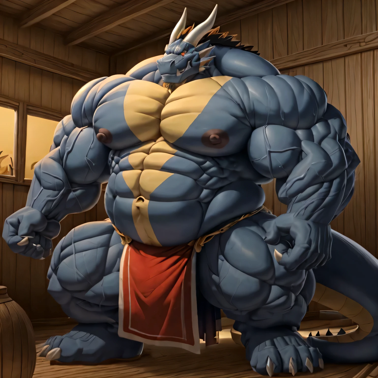 dragon king, a dragon tribal chief, eastern warrior, male dragon, hefty body, with very big muscles, hulking, huge, colossal body, extremely strong, huge abdominal muscles, hefty abs, pecs, plump big muscle abs, Strong and robust muscle abs, daddy body muscle-gut abs, massive prominent muscle abs, sharp claws, legs, feet claws, full body, loincloth, nipples, 4k, best quality.