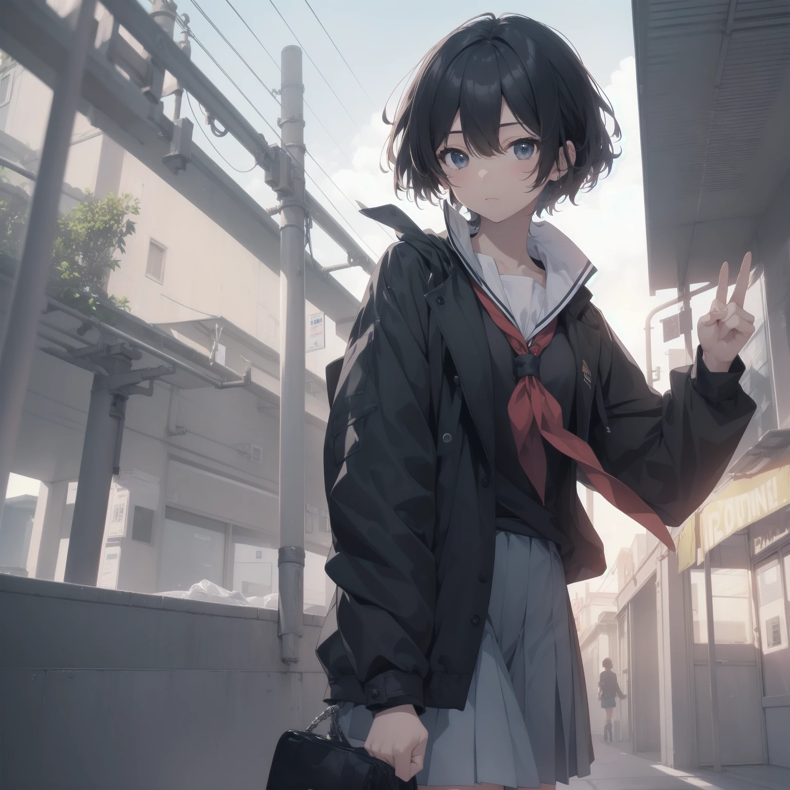 ultra-absurdres-Top quality by artist God, ultra-detailed, high resolution, anime moe artstyle, best anime 8k konachan wallpaper, pixiv contest winner, pool:2810, perfect anatomy,break, 1girl, (Please draw a girl walking sleepily to school alone. )break,(Solo,little female, 13-year-old:1.3),Full limbs, complete fingers,a junior high school student, (very short hair), short cut, flat chest, , small butt, small black eyes, beautiful detailed eyes, well-proportioned iris and pupils, expressive eyes, highres detailed hair, soft expression, salor school_uniform, sailor collar, serahuku, bow, pleated skirt,(Detailed Lighting), (Detailed background), in the School commute route. break,super detailed skin, Best cinematic lighting powered by famous artist, 8k,beauty illustration,photoshop_(medium),very aesthetic,break,((artist:fujima_takuya )), artist:clamp ,artist:carnelian ,artist:kantoku ,