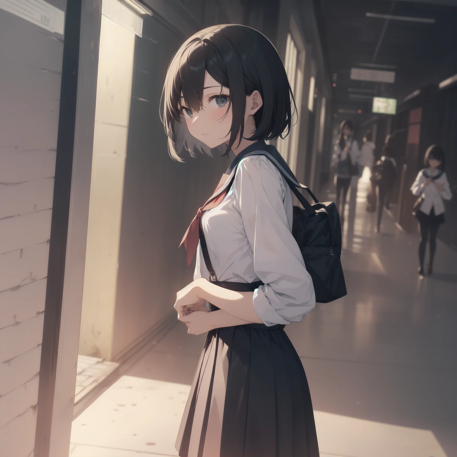 ultra-absurdres-Top quality by artist God, ultra-detailed, high resolution, anime moe artstyle, best anime 8k konachan wallpaper, pixiv contest winner, pool:2810, perfect anatomy,break, 1girl, (Please draw a girl walking sleepily to school alone. )break,(Solo,little female, 13-year-old:1.3),Full limbs, complete fingers,a junior high school student, (very short hair), short cut, flat chest, , small butt, small black eyes, beautiful detailed eyes, well-proportioned iris and pupils, expressive eyes, highres detailed hair, soft expression, salor school_uniform, sailor collar, serahuku, bow, pleated skirt,(Detailed Lighting), (Detailed background), in the School commute route. break,super detailed skin, Best cinematic lighting powered by famous artist, 8k,beauty illustration,photoshop_(medium),very aesthetic,break,((artist:fujima_takuya )), artist:clamp ,artist:carnelian ,artist:kantoku ,