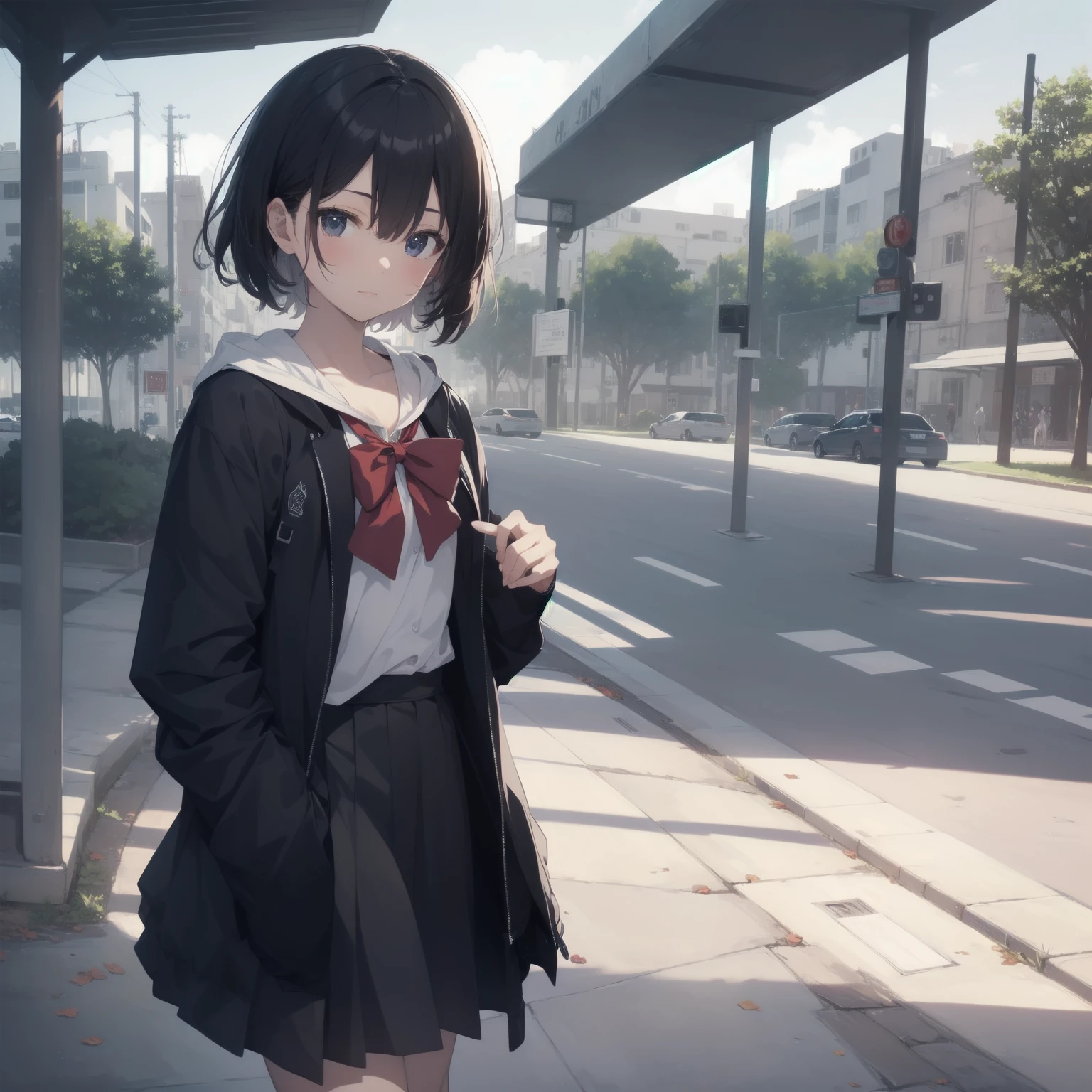 ultra-absurdres-Top quality by artist God, ultra-detailed, high resolution, anime moe artstyle, best anime 8k konachan wallpaper, pixiv contest winner, pool:2810, perfect anatomy,break, 1girl, (Please draw a girl walking sleepily to school alone. )break,(Solo,little female, 13-year-old:1.3),Full limbs, complete fingers,a junior high school student, (very short hair), short cut, flat chest, , small butt, small black eyes, beautiful detailed eyes, well-proportioned iris and pupils, expressive eyes, highres detailed hair, soft expression, salor school_uniform, sailor collar, serahuku, bow, pleated skirt,(Detailed Lighting), (Detailed background), in the School commute route. break,super detailed skin, Best cinematic lighting powered by famous artist, 8k,beauty illustration,photoshop_(medium),very aesthetic,break,((artist:fujima_takuya )), artist:clamp ,artist:carnelian ,artist:kantoku ,