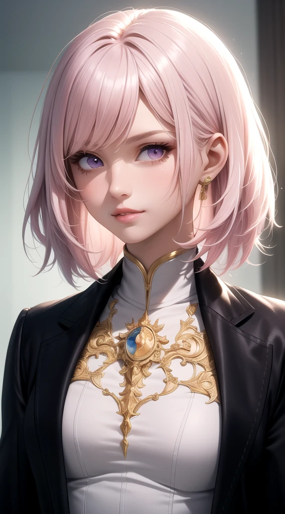 (masterpiece, best quality), intricate details, thin, ((slim)), beautiful girl, Light pink hair, white skin, light purple eyes, sharp jawline, cropped jacket, messy hair, lips, upper body, close up, smirk