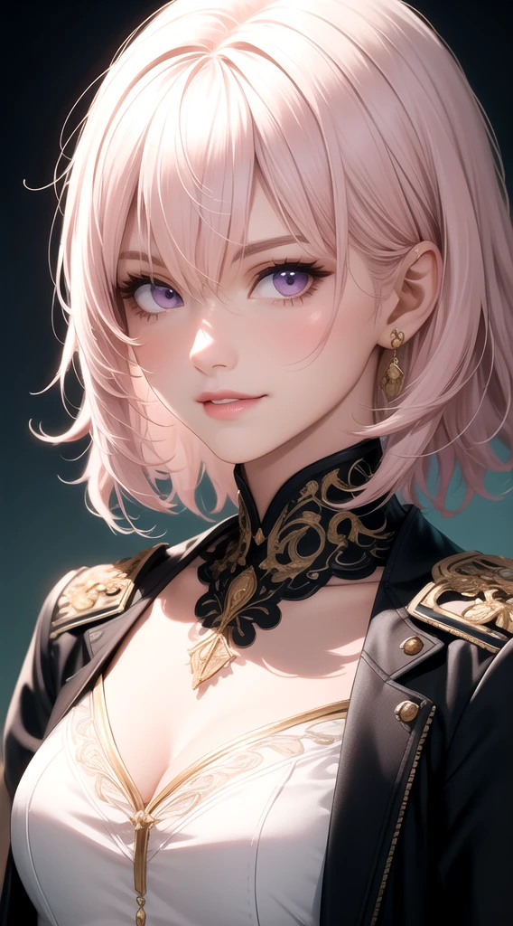 (masterpiece, best quality), intricate details, thin, ((slim)), beautiful girl, Light pink hair, white skin, light purple eyes, sharp jawline, cropped jacket, messy hair, lips, upper body, close up, smirk