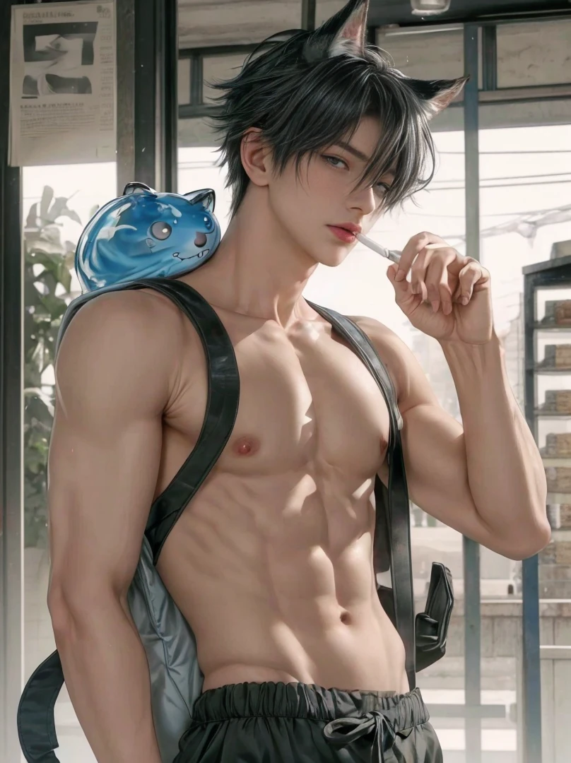 1 male, high resolution 4k, adult, handsome, perfect face detail, detailed eyes and face, clean shaved, sixpack realistic, white eyebrow hair, white eyelashes, Naked torso, Detailed face, perfect face, dynamic lighting, unreal engine, hd picture, satoru gojo, Jujutsu kaisen, white hair, short hair ,hair between eyes ,blue eyes, white skin, hold a cigarette, wolf ears, wolf tail, use a backpack, Slime on the shoulder