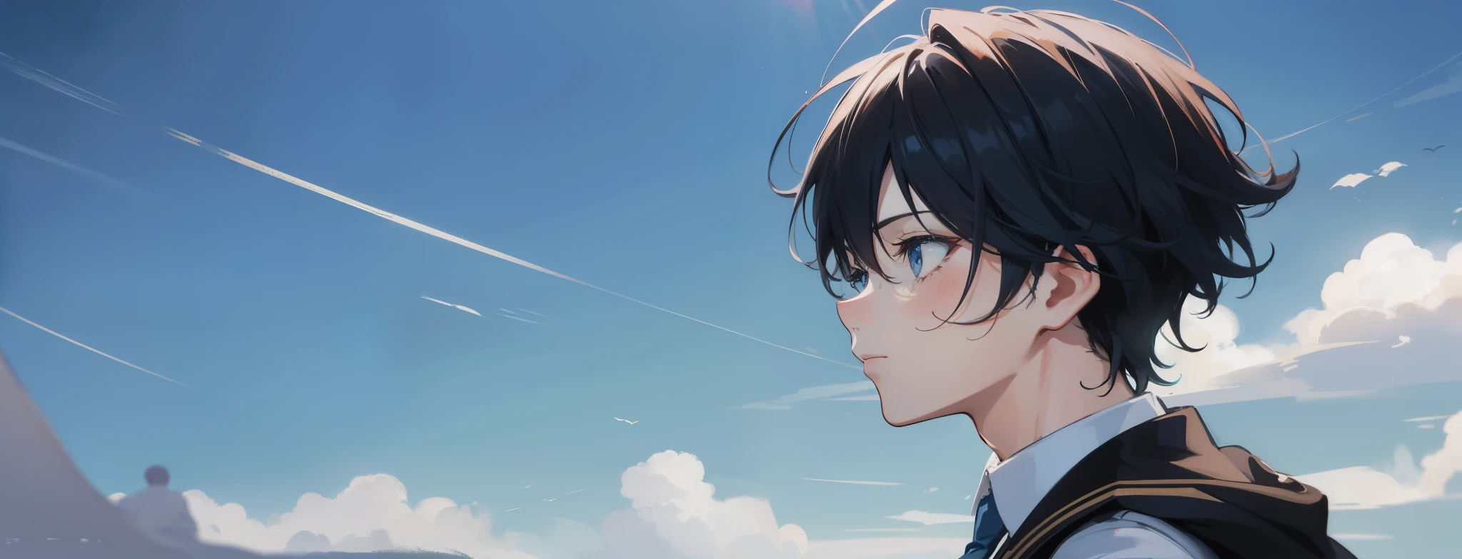 A side profile of a young man looking at the sky