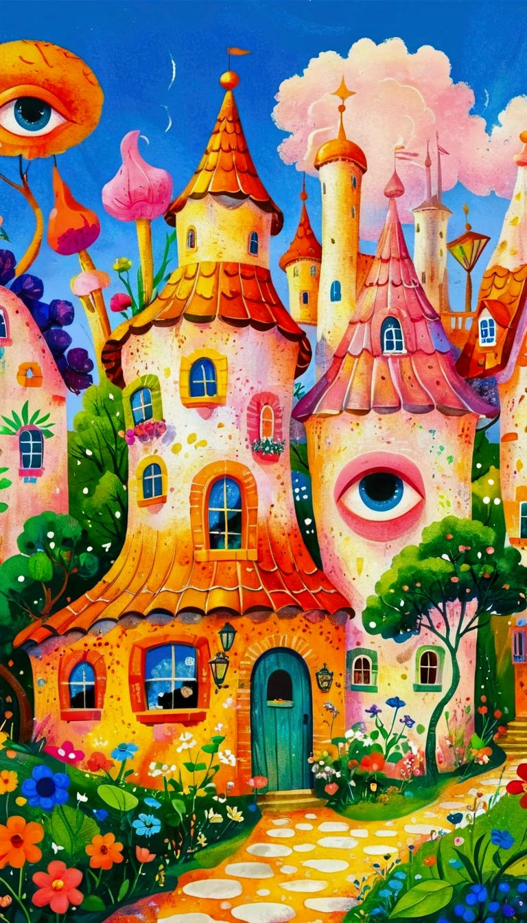 Artists from the stars,Pastel Art:长满Eye的城堡,(((Eye))),Twisted Castle,Colorful black,Dot,line,起义植物上的Eye, Popular trends on pixabay, Childish Art, Fantastic art, Fantastic and psychedelic, rich and colorful house, sunlight and Fantastic houses, Fantastic fantasy landscape art, rich and colorful illustration, rich and colorfull illustration, Magical Village, Fantastic!!, Wizarding World. rich and colorful, Fantastic!!!, colorful、Rich details waiting to start