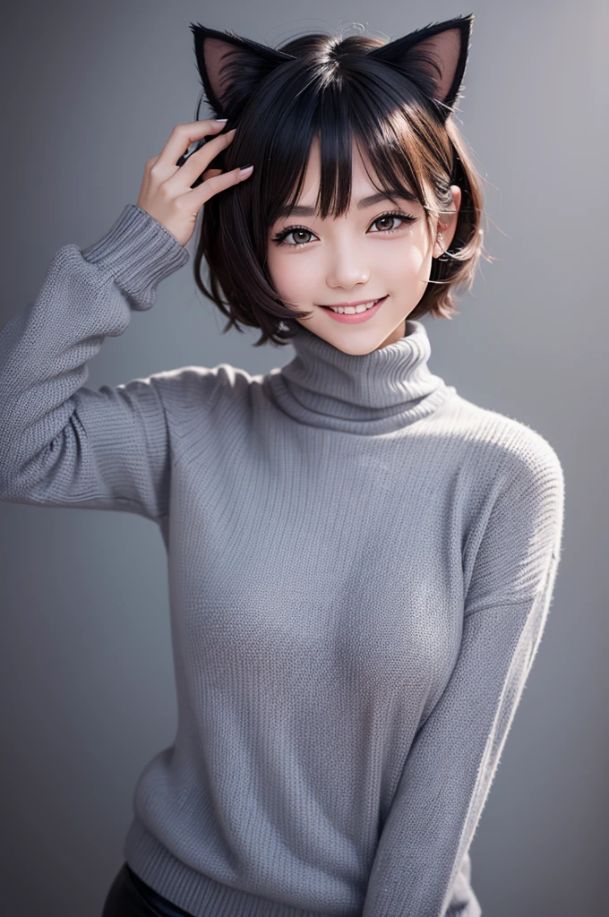 A short-haired girl with cat ears wearing a turtleneck sweater, happy smiling, striking a cool pose