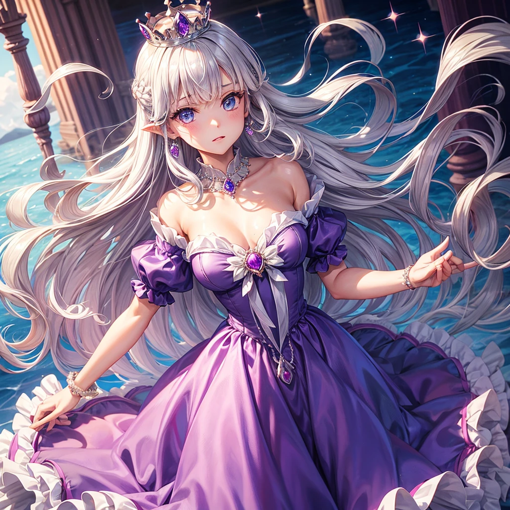 Princess, princess dress, purple dress, puffy sleeves, breasts, tan skin, crown, long hair, silver hair, blue eyes, teasing, diamonds, jewelry, earings, water, wet, 1girl, solo, mastrpiece