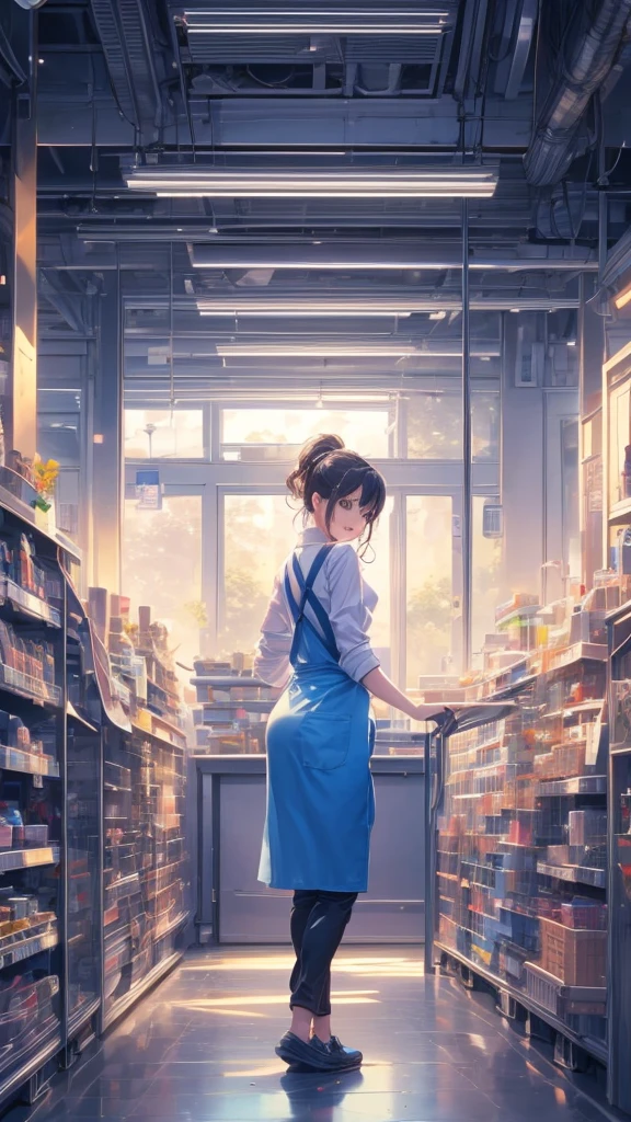 young woman,smile,Supermarket clerk,Wearing an apron,((Working as a cashier)),cashier,register,Receive money,There are products on the shelves,In the supermarket