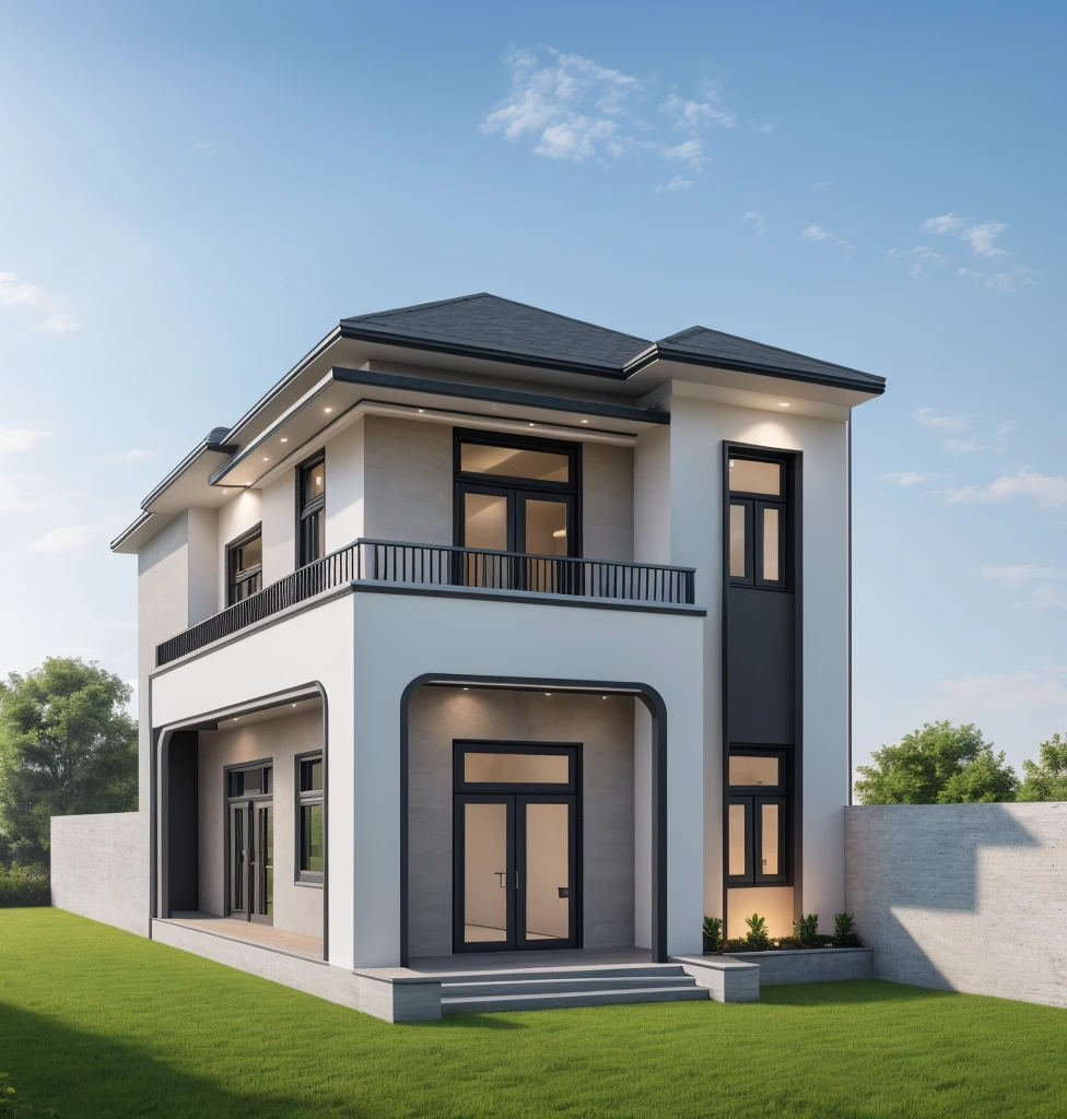 1 morden house, cofe space:1.4, main material by white wall and wood, large yard, 1 road runs in front of the house, (RAW photo, real, best quality, masterpiece:1.2), look morden minimalist, 1 road in front of the house, shime ring light, light brighteness from indoor:1.2, dynamic lighting:1.3, (hyper realistic, photo-realistic:1.2), high quality, (dark lighting:1.2), perfect lighting, archdaily