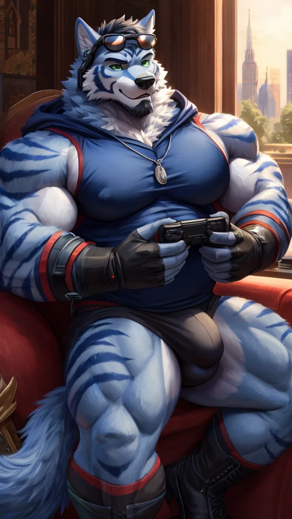 ((Ultra High Quality)), ((masterpiece)), ((Ultra detailed)), ((4k)).

Solo , Anthro , Wolf , Handsome Abthro Wolf  , Light Blue Wolf , Light Blue Fur , Black Short Hair , Black Beard , Tiger Stripe , Handsone , Good Looking , Green Eyes ,(Eyes Details), Middle Ages , Huge Pecs , Bodybuilder with Fat , Bulge , Pose Gaming , Dark Blue Hoodies , Dark Blue Shirt , Hold Controller , Sunglasses , Headphone Neck , Black Gloves