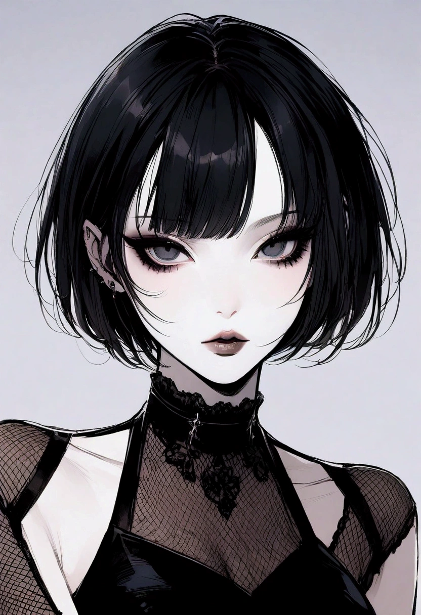 Gothic girl, face focus, slim, delicate, pale skin, lipgloss, boyish haircut, fishnet, smokey eye, beautiful, blunt, very short hair, pale lips, no eyebrows