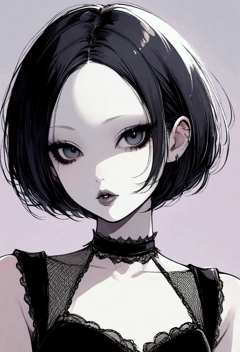 Gothic girl, face focus, slim, delicate, pale skin, lipgloss, boyish haircut, fishnet, smokey eye, beautiful, blunt, very short hair, pale lips, no eyebrows