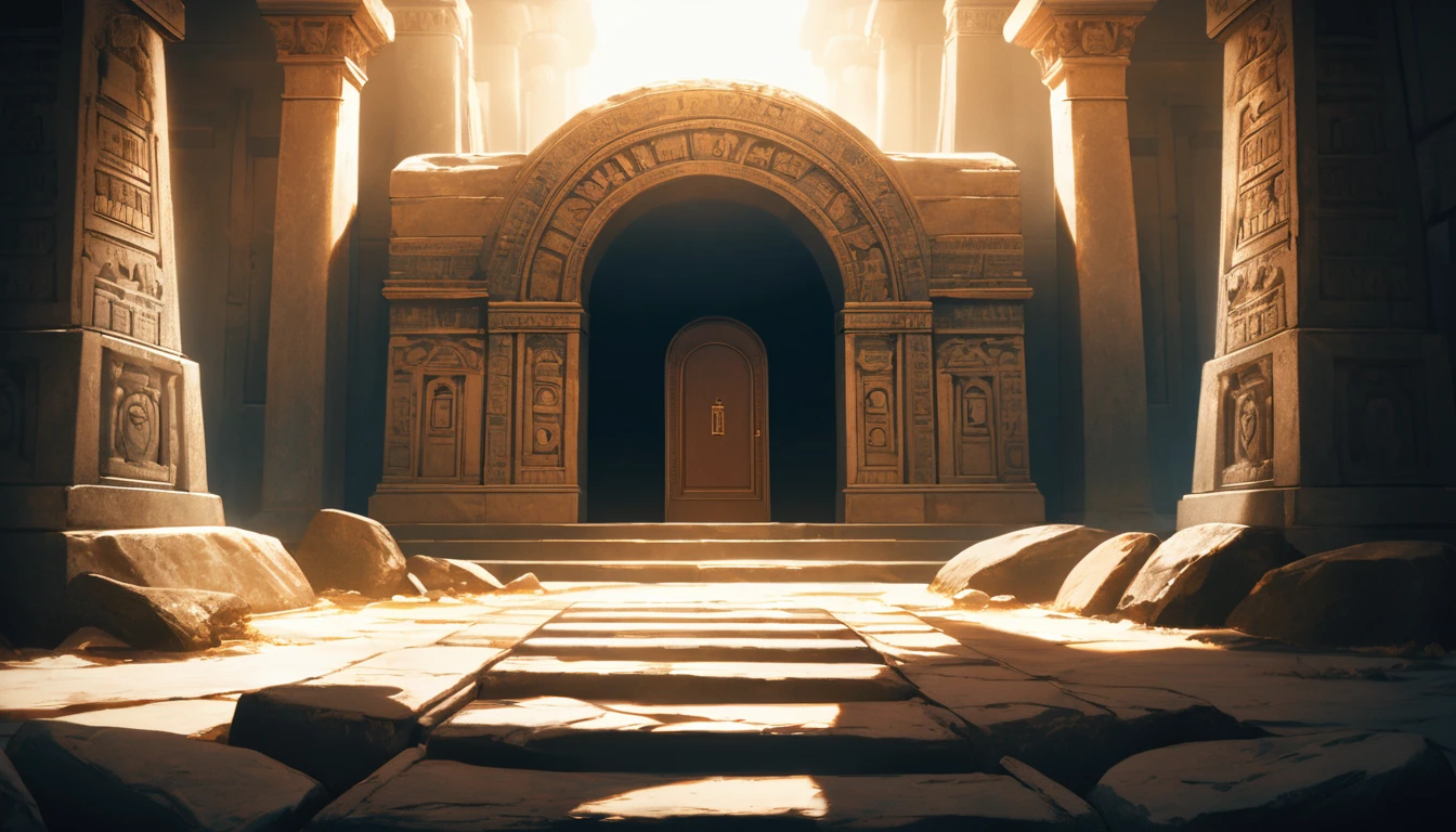 "Ancient stone carved tomb with a door and a large round stone, dramatically lit. Biblical scene in cinematic style."