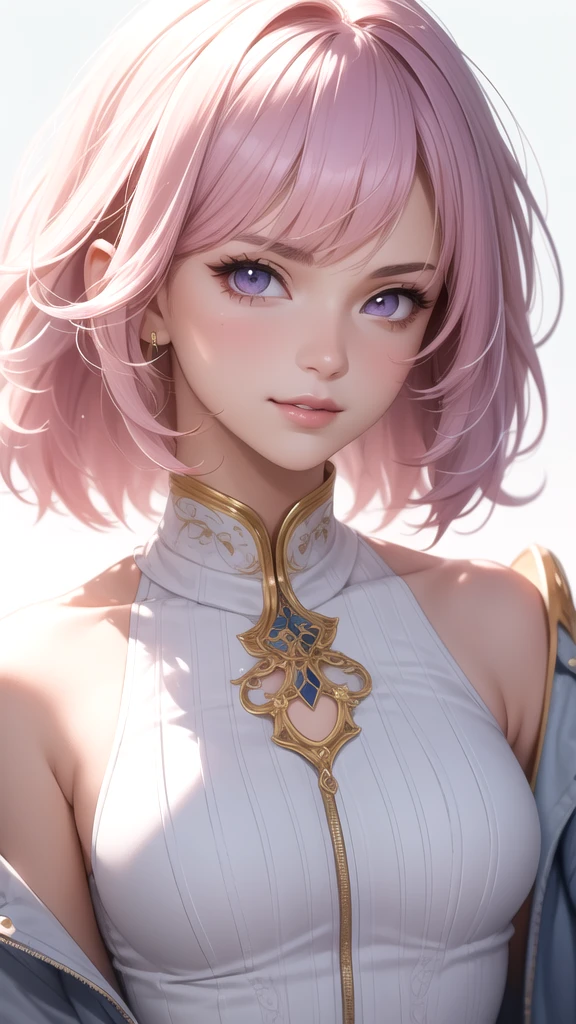 (masterpiece, best quality), intricate details, thin, ((slim)), beautiful girl, Light pink hair, white skin, light purple eyes, sharp jawline, cropped jacket, messy hair, lips, upper body, close up, smirk