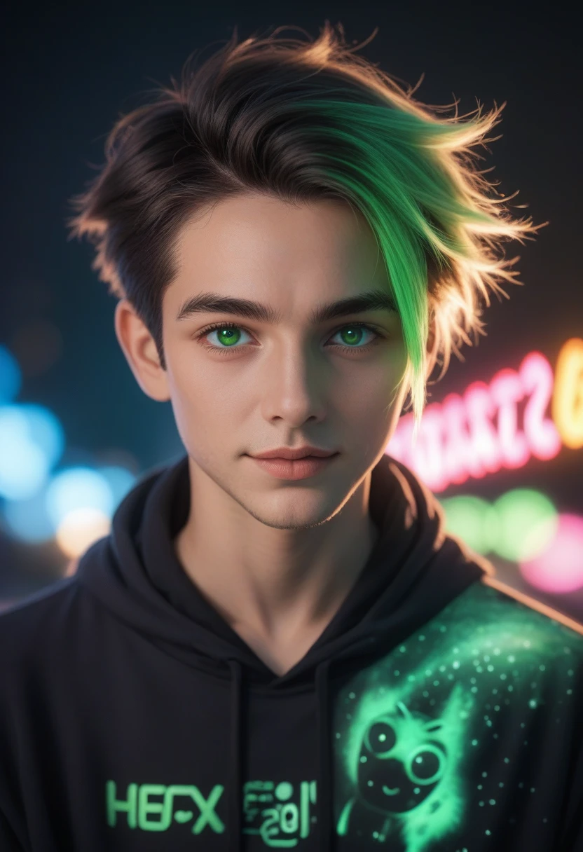 1 happy 18 year old boy, short brown rebellious hair with green highlights, green eyes, beautiful detailed eyes, beautiful detailed lips, extremely detailed face, long eyelashes, wearing gamer headphone on head, black galaxy print hoodie, black sweatpants, gamer scene with neon pink and green lighting, ultra HD, best quality, artwork, trending on artstation, RTX on, reflections, dramatic lighting, cinematic lighting, depth of field, volumetric lighting, photorealistic, 8k, hyper detailed, vibrant colors