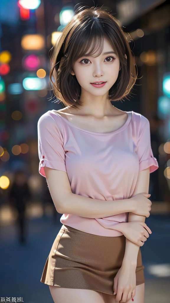 NSFW、(masterpiece:1.5)、(Realistic:1.5)、(Highest quality:1.4、8k、RAW Photos）、Ultra-high resolution、21 years old、Japanese women、slender、Cute Woman:1.4、Medium Short Hair、Dark brown hair color、(Realistic depiction of eyes:1.3)、Dark brown eyes、Beautiful Eyes、double eyelid、Natural lips、Professional Lighting、Perfect and dynamic composition、Sophisticated、超Realistic、Attention to detail、(1 girl)、Realistic looking skin、Close your mouth、Thin arms、Thighs、Late Night、Pink shirt、mini skirt、Look Back