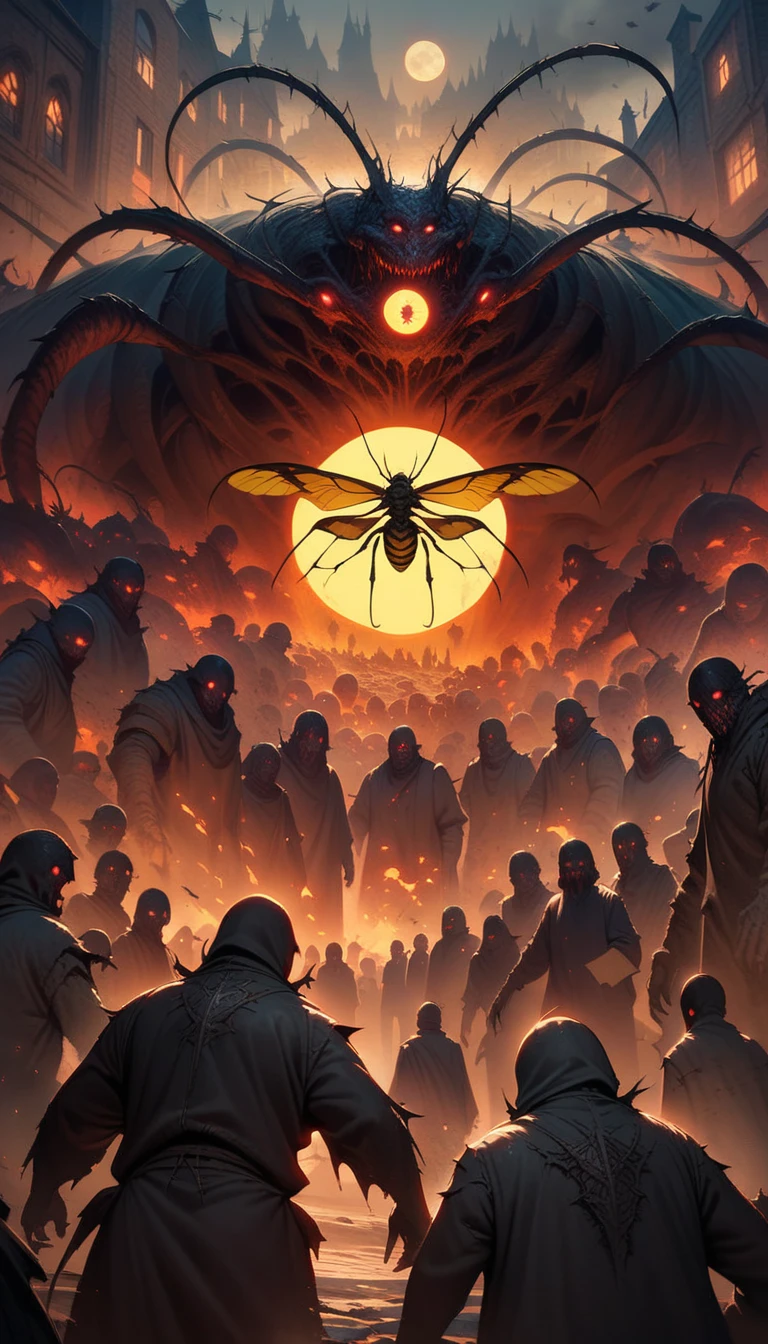((best quality)) , ((masterpiece)) , (detailentasy illustration of an enormous wasp with glowing eyes, surrounded cheering people in the style of magic The gathering card art. In front is a large yellow moon over a fantasy town background. Vibrant colors are used.,(Horror-themed , Eerie, unsettling, dark, spooky, suspenseful, grim, highly detailed,ugly)