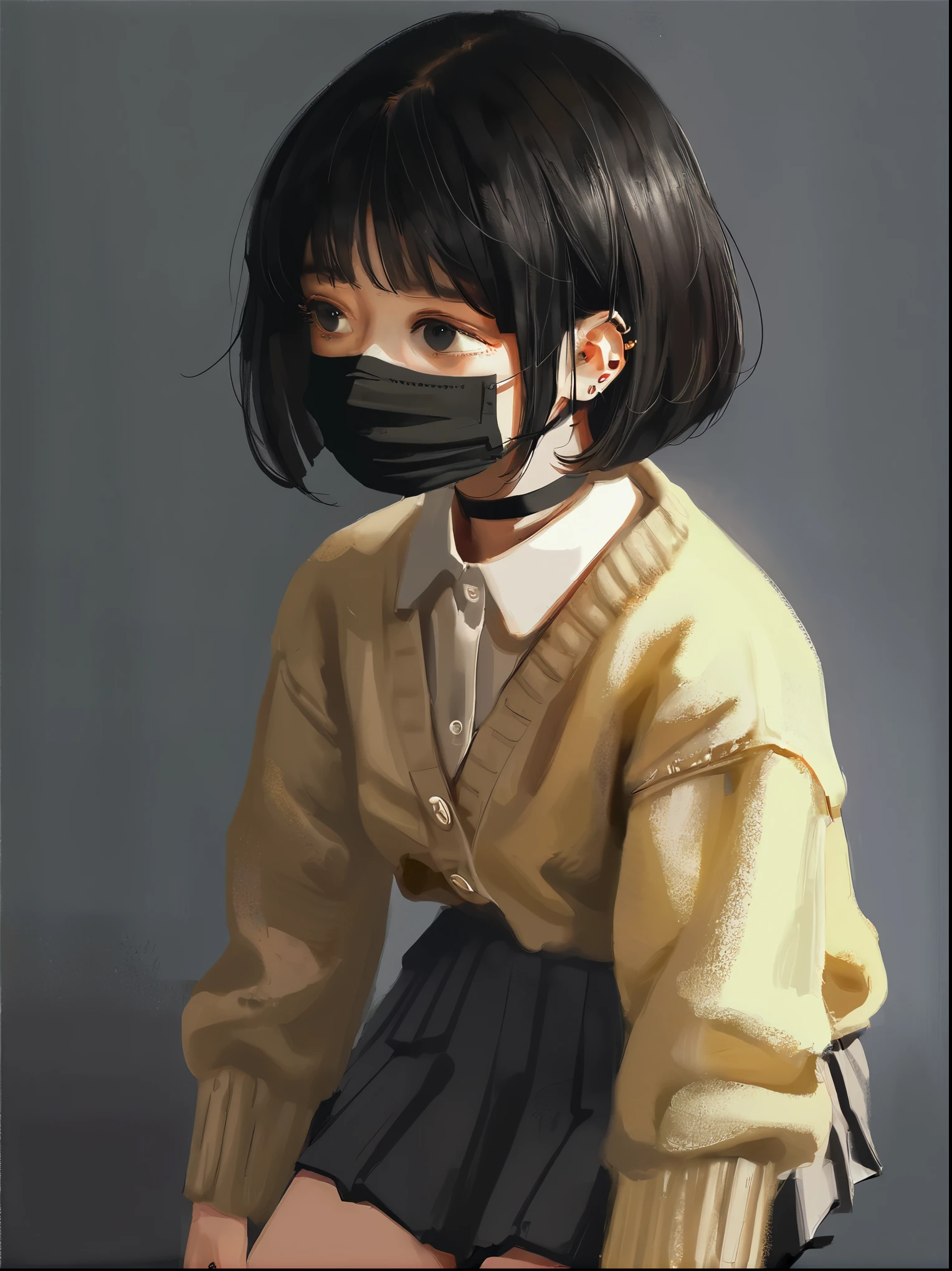 h3l3n, masterpiece, best quality, high quality, hyperrealistic anime painting, anime painting, loose long hair, black background, dramatic diagonal lighting, painterly, realistic painting, soft feature, detailed clothes, detailed, rembrandt lighting, solo, (black hair:1.2), bob cut, short hair, tomboy, black eyes, (black mouth mask:1.1), long eyelashes, half-closed eyes, (red-framed eyewear:1.1), black choker, hime-cut hair, adult, mature, black eyeliner, ear piercing, BREAK solo, standing, big breasts, adult, tall, white collared shirt, long sleeves, light brown cardigan, open cardigan, black pleated skirt, black microskirt, black miniskirt, (black thighhighs:1.1), (shirt tucked in:1.1), black nails, skinny, BREAK white background, simple background,
