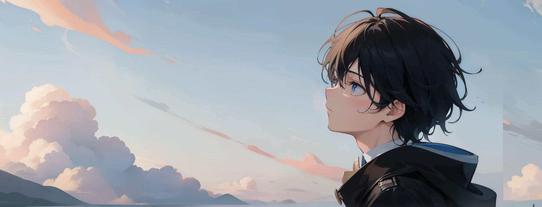 A side profile of a young man looking at the sky