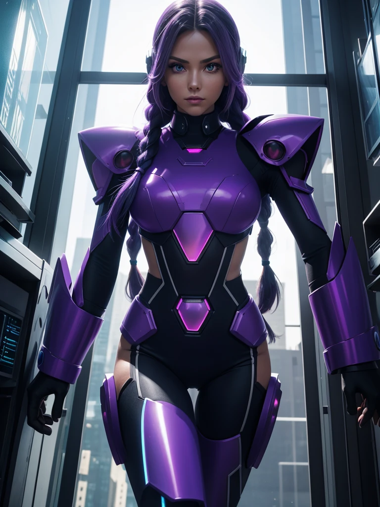 Beautiful Caucasian woman. Slim body. Just one woman. Alone. Only one person in the picture. Western woman. Long hair with 1 braid. Purple hair. Bright purple eyes. Woman doing a sexy Mega Man X cosplay. Her outfit is blue and is a sensual version of the Mega Man X outfit. The woman is in a futuristic city during the day. The place is full of plants and holographic monitors in the windows of the buildings. Dynamic light. Dynamic shadows. High resolution. Detailed.