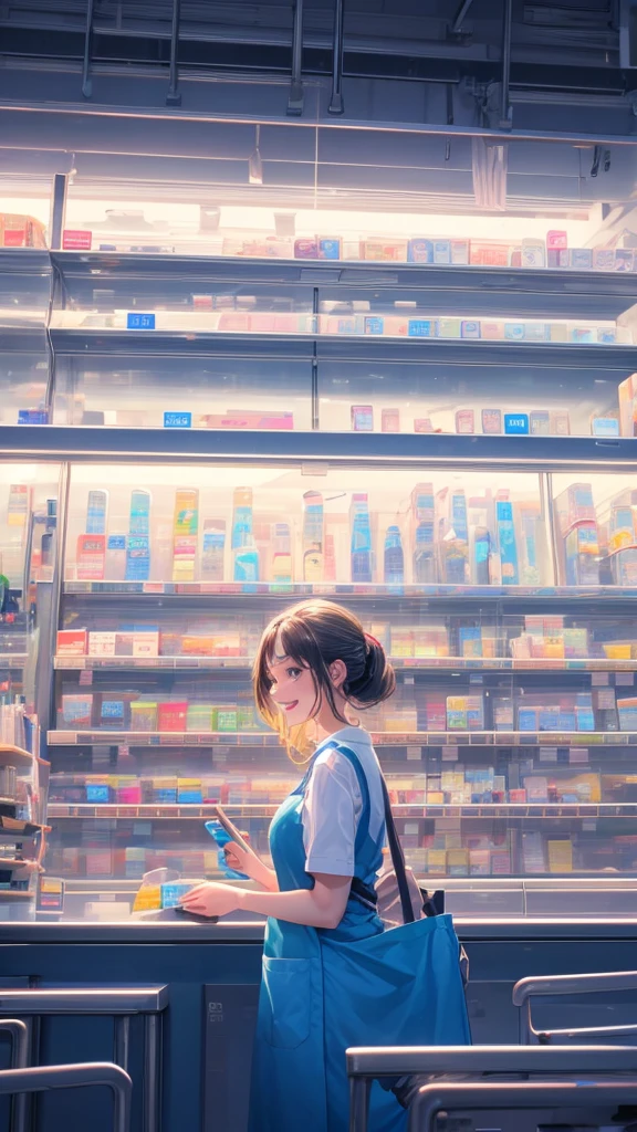 young woman,smile,Supermarket clerk,Wearing an apron,((Working as a cashier)),Cashier,cashier,register,Receive money from customers,There are products on the shelves,In the supermarket
