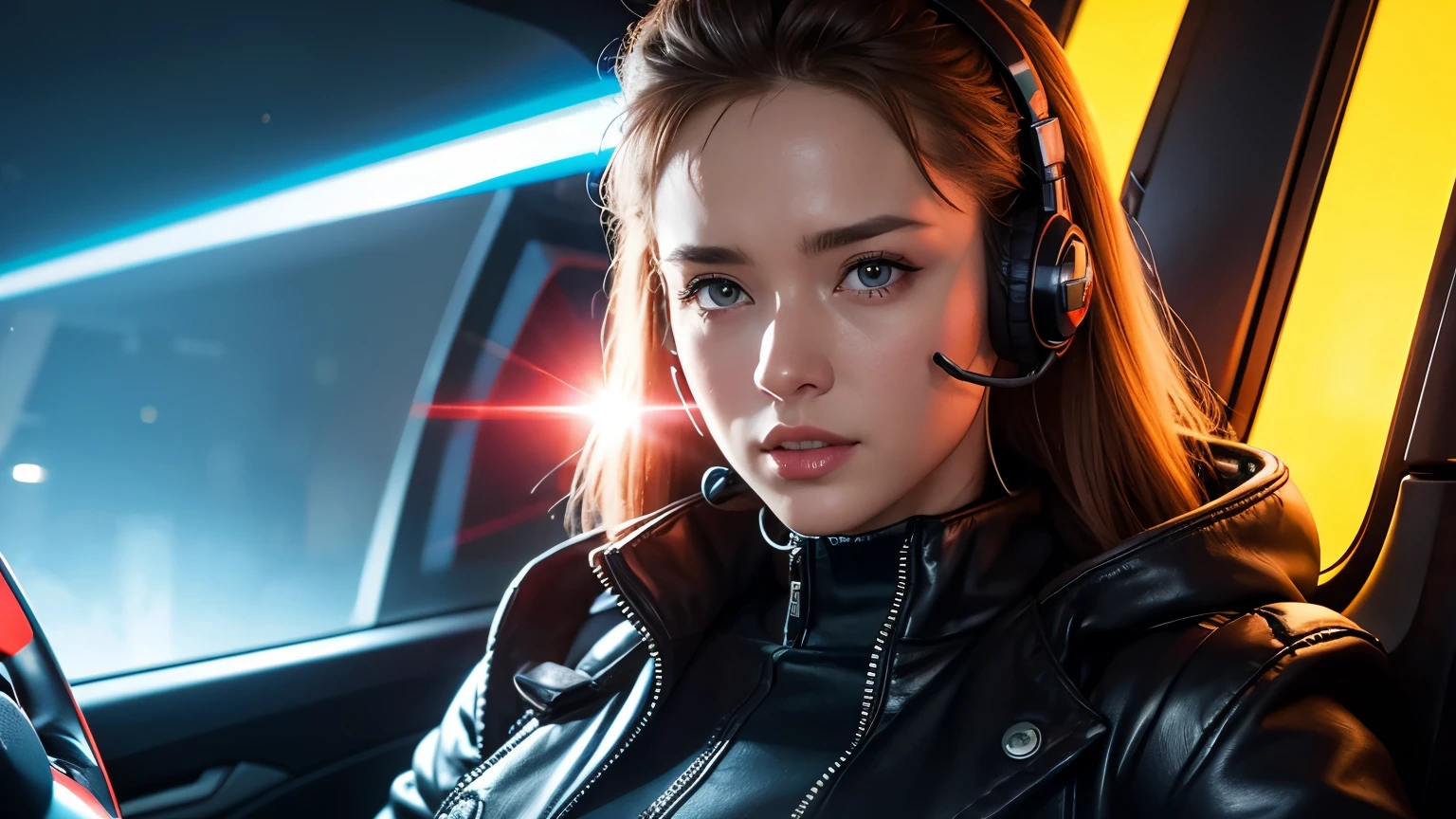 Terminator woman using a colored headset