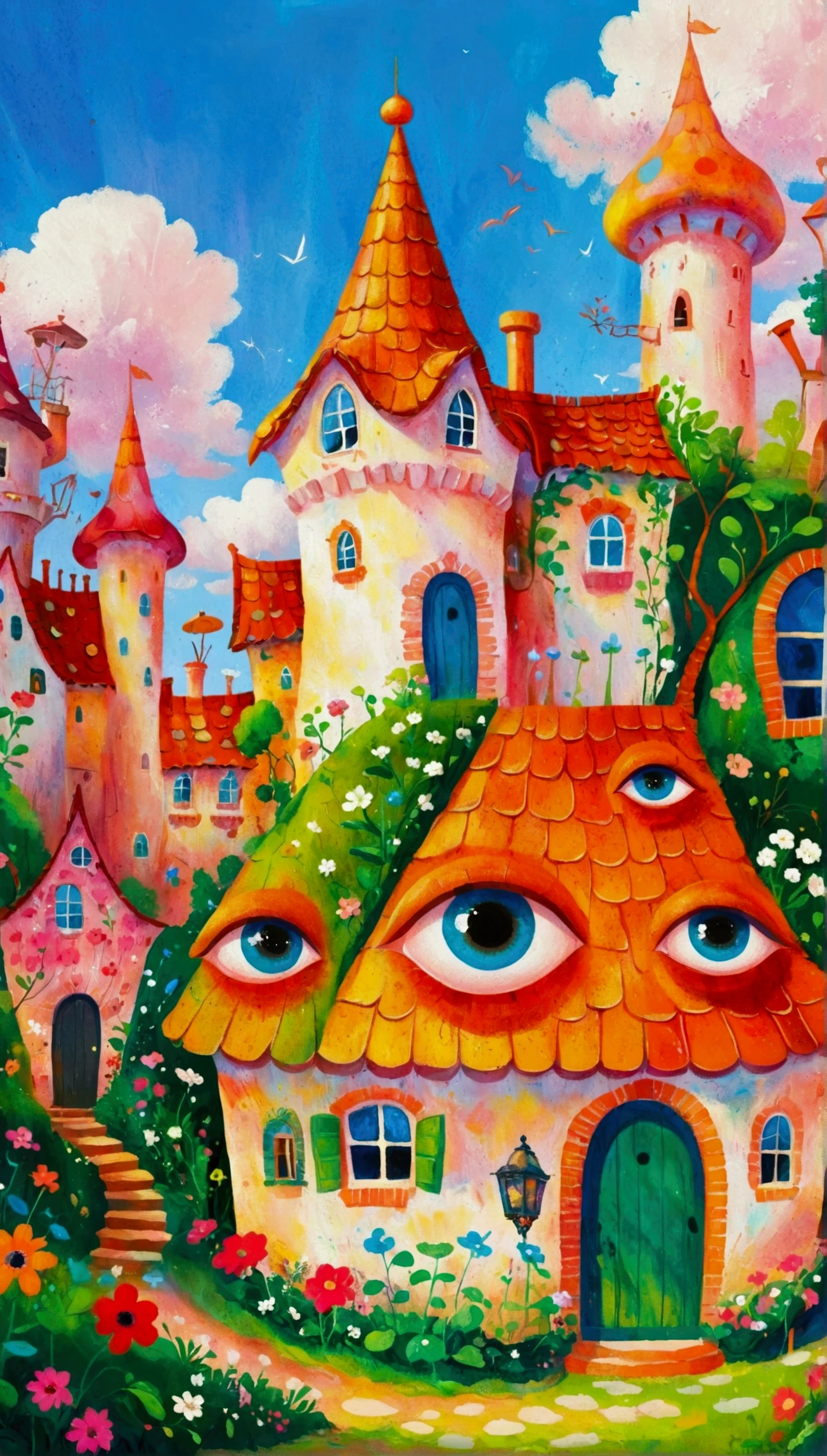 Artists from the stars，Pastel Art：长满Eye的城堡，(((Eye)))，Twisted Castle，Colorful black，植物上的Eye， Popular trends on pixabay, Childish Art, Fantastic art, Fantastic and psychedelic, rich and colorful house, sunlight and Fantastic houses, Fantastic fantasy landscape art, rich and colorful illustration, rich and colorfull illustration, Magical Village, Fantastic!!, Wizarding World. rich and colorful, Fantastic!!!, colorful、Rich details waiting to start 
