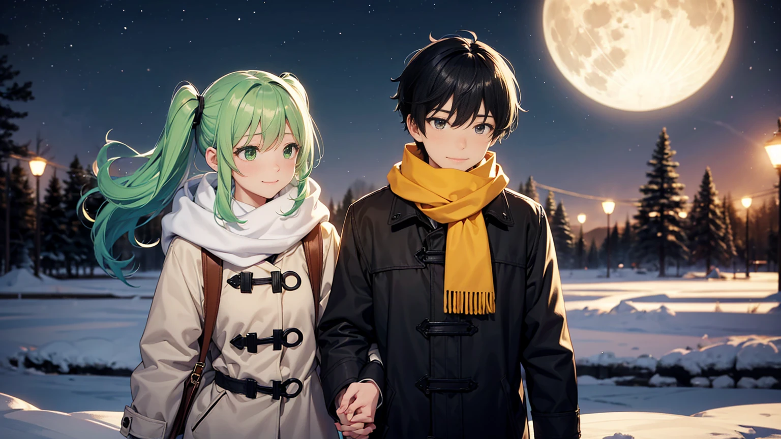 The background is the midwinter night sky、I can see a very big full moon。A couple walking hand in hand, breathing out white breath.2shot。The woman has cute yellow-green hair in twin tails.、She is wearing a cute coat and scarf。The man is a handsome man with short black hair.、Wearing a duffle coat。The two of them look at each other with a sad smile.。