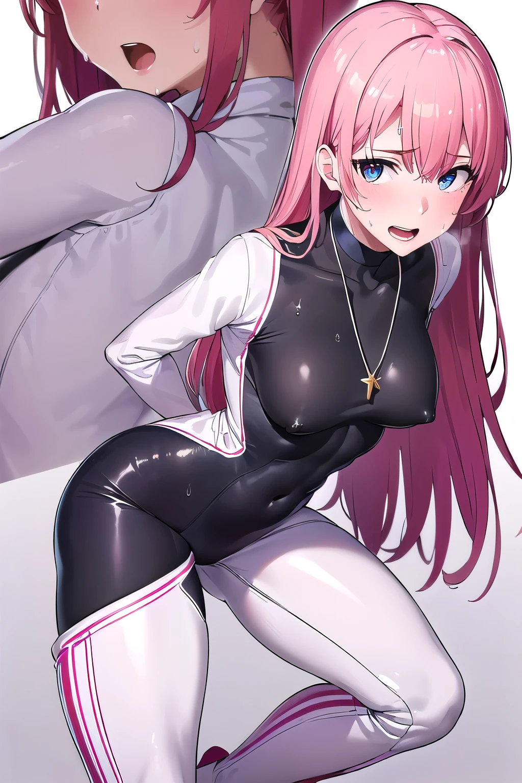 (8K, top-quality, masterpiece:1.2), (reallistic, Photorealsitic:1.37), (Super Detail), (One girl), (Highly detailed), (beautifully detailed eyes), (of the highest quality), (super detailed ), (masterpiece), (Detailed face),20yr old, ((pink hair,long hair)), medium breasts, clothed, Perfect Lighting, BREAK, (white color palette:1.2), (shiny fabric:1.2), (tight-fitting:1.5), (angelic theme:1.3), (long sleeve top:1.4), (turtleneck:1.4), (bodysuit:1.4), (skin-tight pants:1.5), (ankle length:1.3), (white boots:1.4), (pointed toes:1.3), (choker necklace:1.2), (silver jewelry:1.2), (sleek hair:1.2), (model pose:1.3), BRAKE, (mid shot:1.2), (long pink hair:1.3), (gentle smile:1.3), (facing forward:1.2), (hands behind back:1.3), (arched back:1.2), (white background:1.2), (soft lighting:1.2), BRAKE (sweat:1.5), (steam:1.2), (masturbation:1.2), (girl trembling with sexual climax:1.1), (looking at viewer:1.3), (open mouth:1.2)
