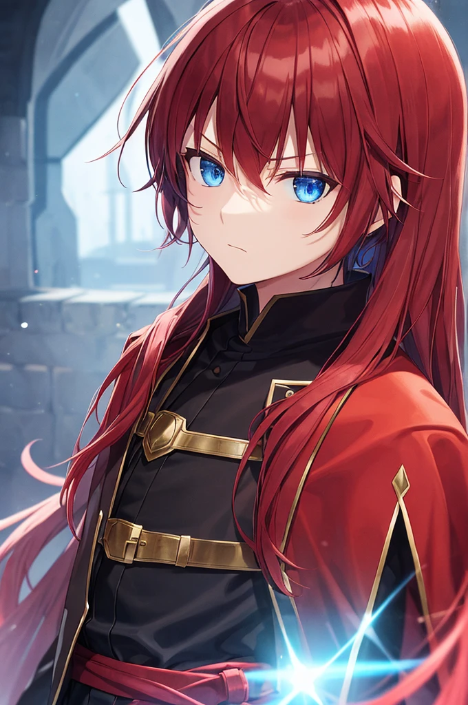 man, ************, black wizard's clothing, blue eyes, red hair, serious face