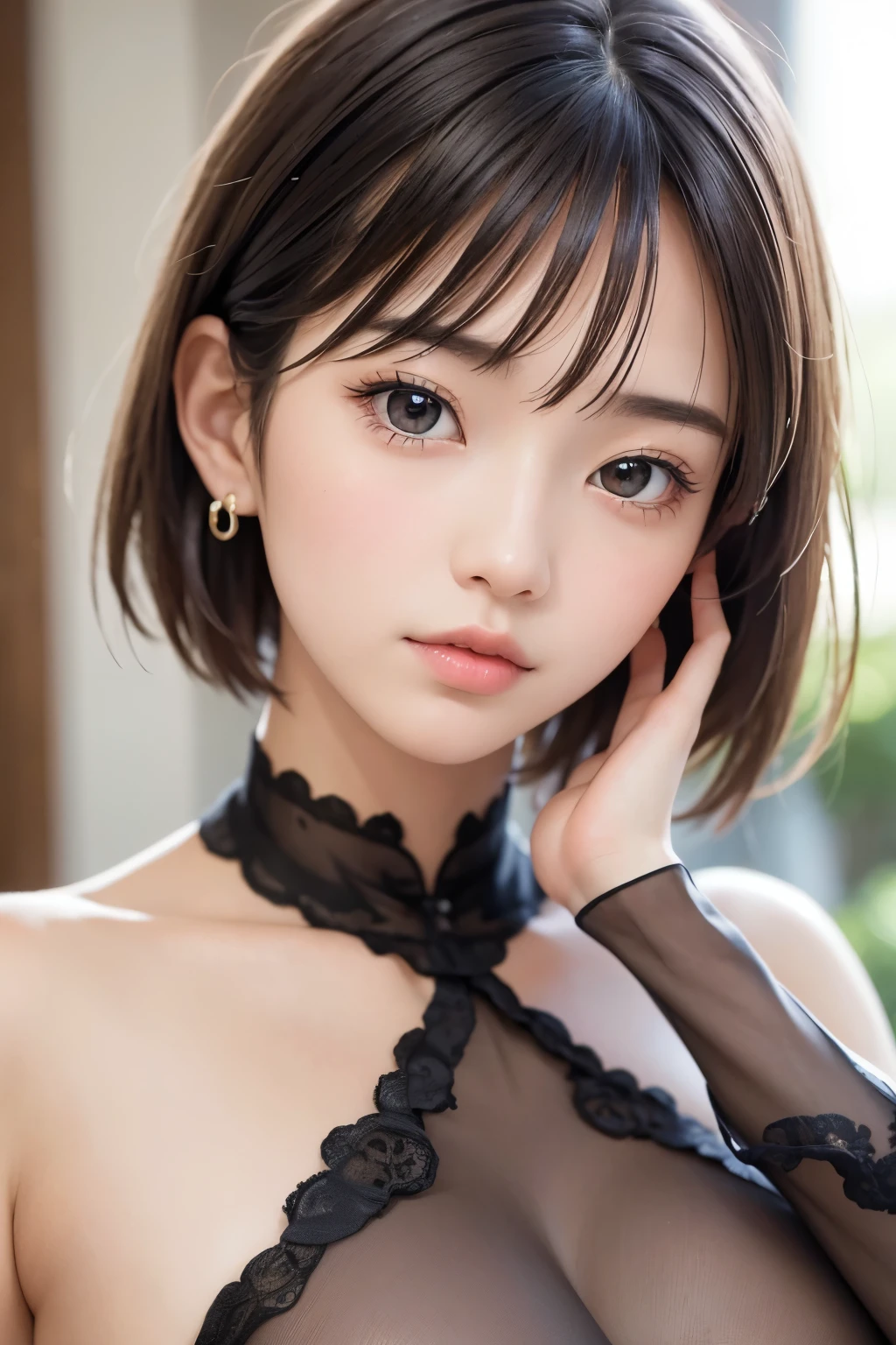 (8k, RAW Photos, Highest quality, masterpiece: 1.2), Super detailed, Super Resolution, (Genuine, Genuine photos: 1.3), Portraiture, High-resolution RAW color photos, Professional photos, とても細かくて美Shii, Very detailed, Amazing details, Large file size, Official Art, beautiful girls,Very detailed目, Very detailed肌, Very elaborate fingers, Very detailed鼻, Very sophisticated mouth, Perfect Anatomy, Detailed Background, Detailed clothing, One Girl, (20:1.2), 20th Generation, Cute girl, Realistic body,White skin, Glowing Skin, The body is slim, Black Hair, (Blunt bangs: 1.2), like々Shii, かわいらShii顔, Realistic Face, ((Fashionable clothes)), (short hair), Earrings, Dynamic Lighting,Small and plump breasts