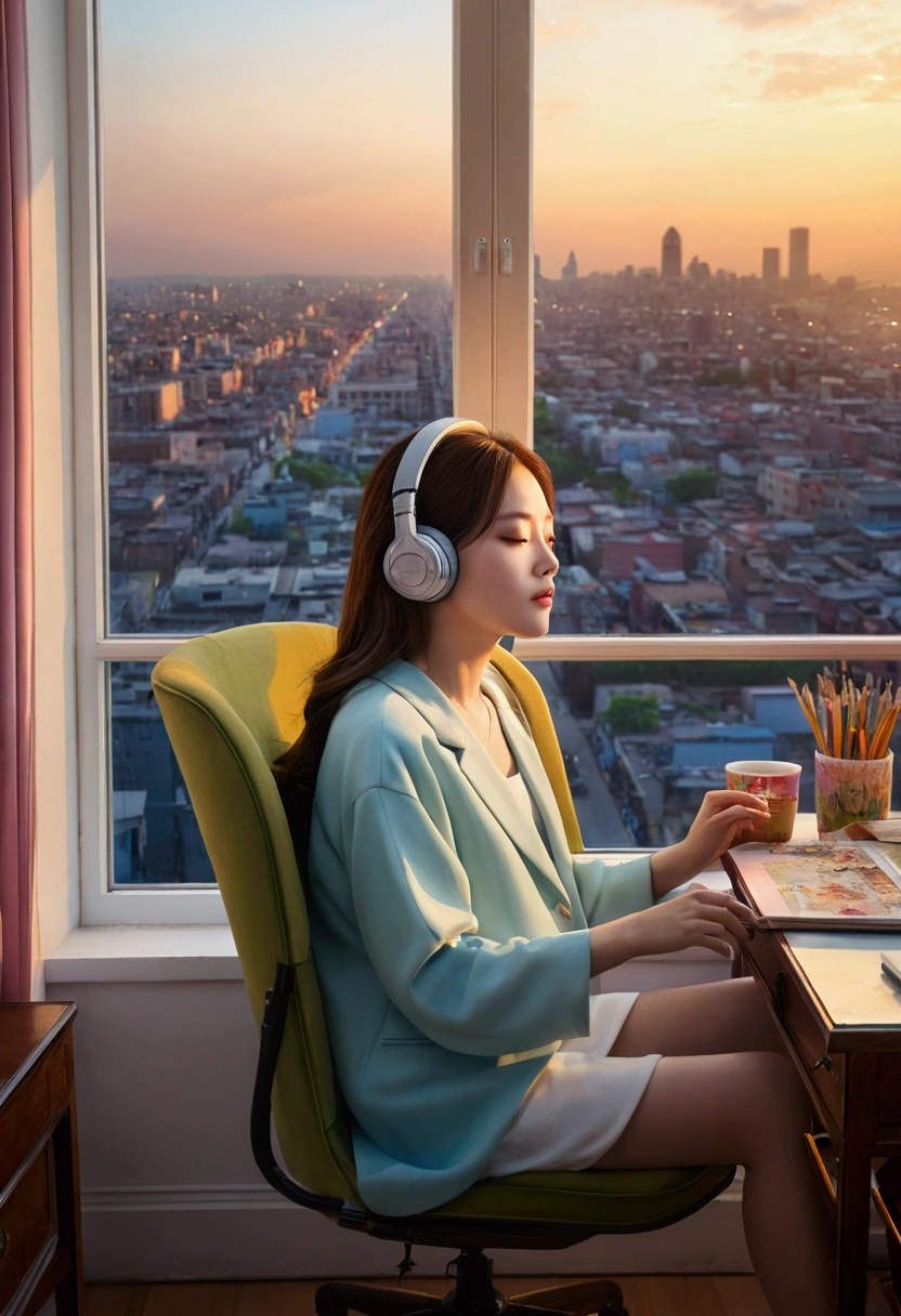 rich、512、Lo-Fire、Girl wearing headphones sitting in a chair、Take a nap at your desk.、Close your eyes、City view from a window、Evening、pastel colors、painting