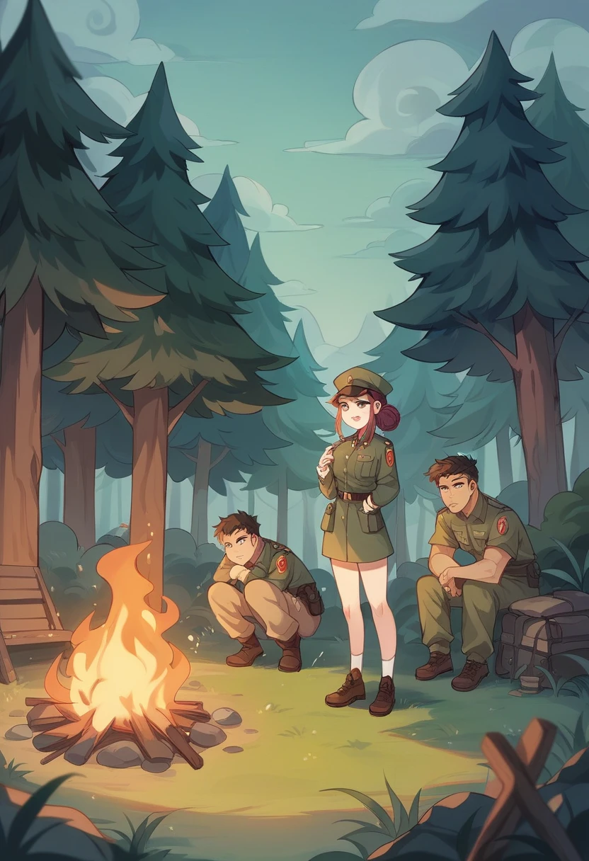 Woman with scary face、Tough character、German military uniform、Officer、Major、Military Camp、campsite、base、The tank is parked、There are a lot of soldiers、In the dark forest、night、Standing by a bonfire with folded arms、Lit by a bonfire